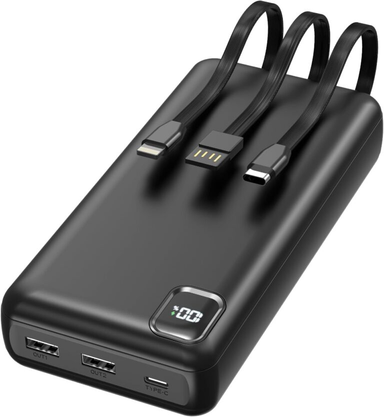 Powerbank 50.000 mAh, große Kapazität – USB-C-Schnellladegerät mit integriertem Kabel, Powerbank 5 Ausgänge und 2 Eingänge, LED-Anzeige, externer Akku, kompatibel mit iPhone, Android, Tablets und mehr