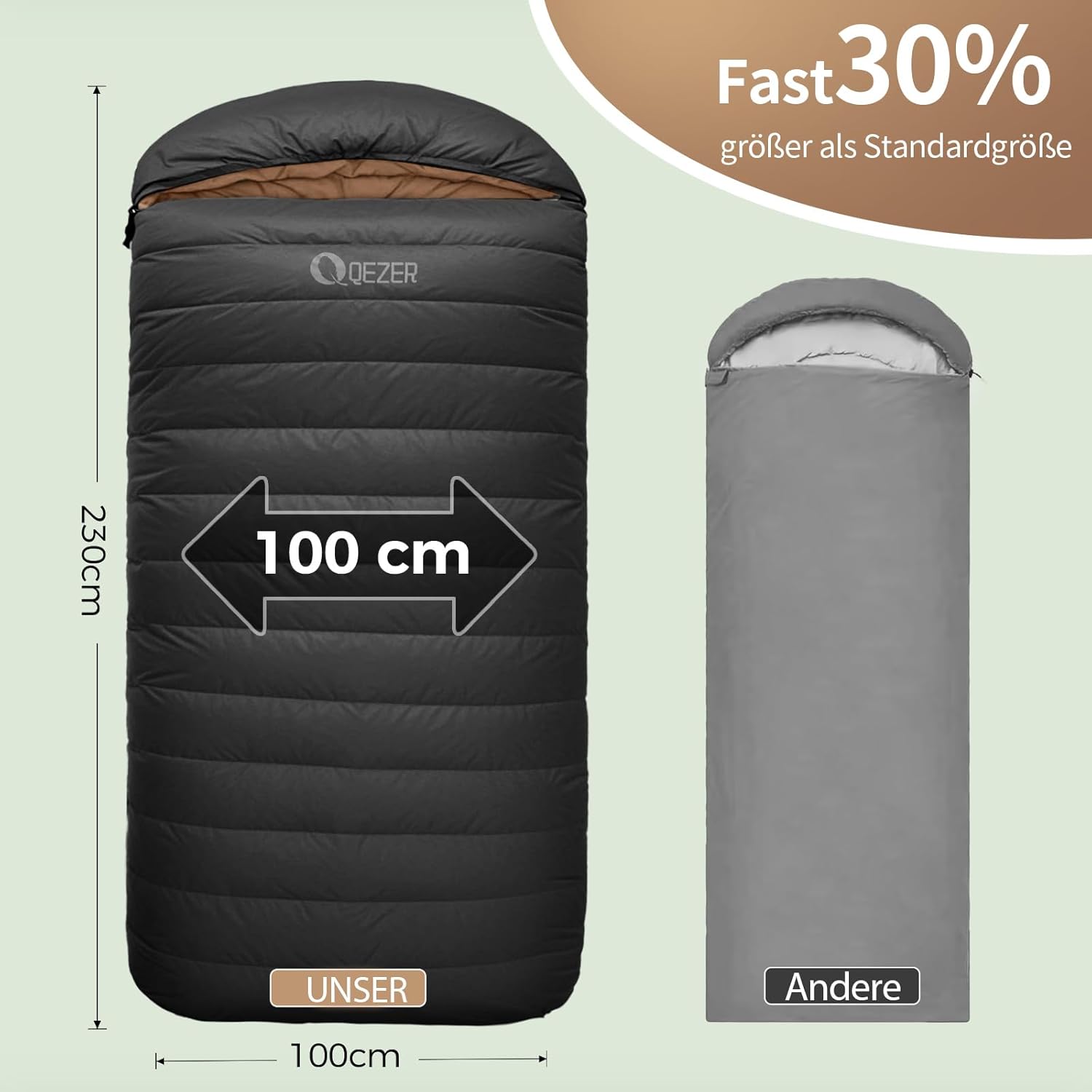 XXL-Daunenschlafsack 3–4 Jahreszeiten, extra großer Schlafsack 230 cm x 100 cm, leichter und warmer Daunenschlafsack, geeignet für Erwachsene, Outdoor-Camping, Wandern und Rucksackreisen – Bild 2