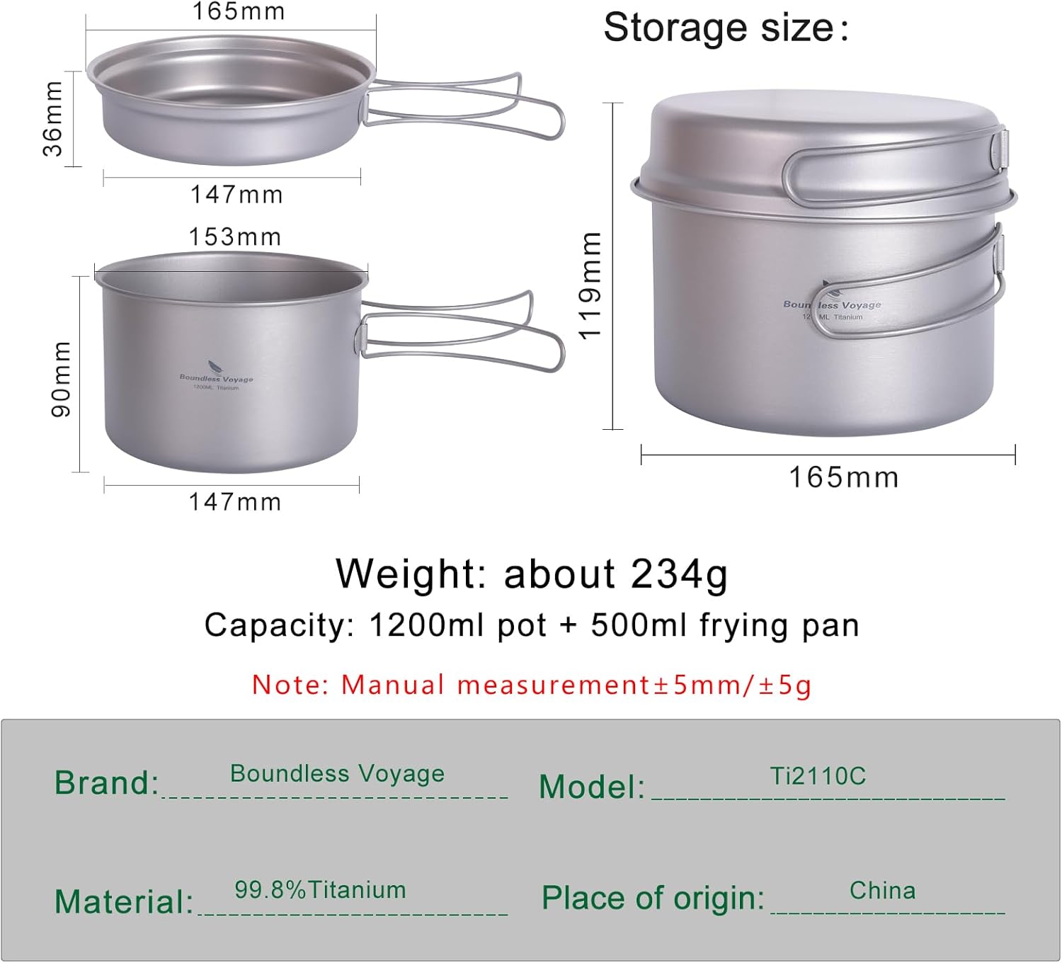 iBasingo Ti2110C Titan-Topf-Pfannen-Set, 1200 ml & 500 ml, Camping-Kochgeschirr, Outdoor-Schüssel-Set, leichtes Koch-Messset mit Klappgriff, Küchenutensilien, Campingausrüstung für 1 Person, 2 Teile/Set – Bild 2