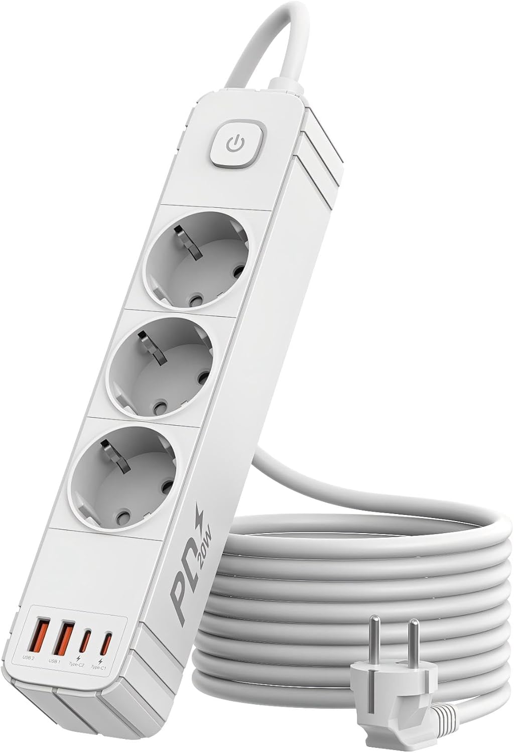 Steckdosenleiste mit USB C PD 20W, 3-fach Steckdose mit Überspannungsschutz, Mehrfachsteckdosen, 4 USB (2 USB-C), Steckdosenleiste Verteilersteckdose mit Schalter und 1,9m Kabel (3 Fächer, Weiß)