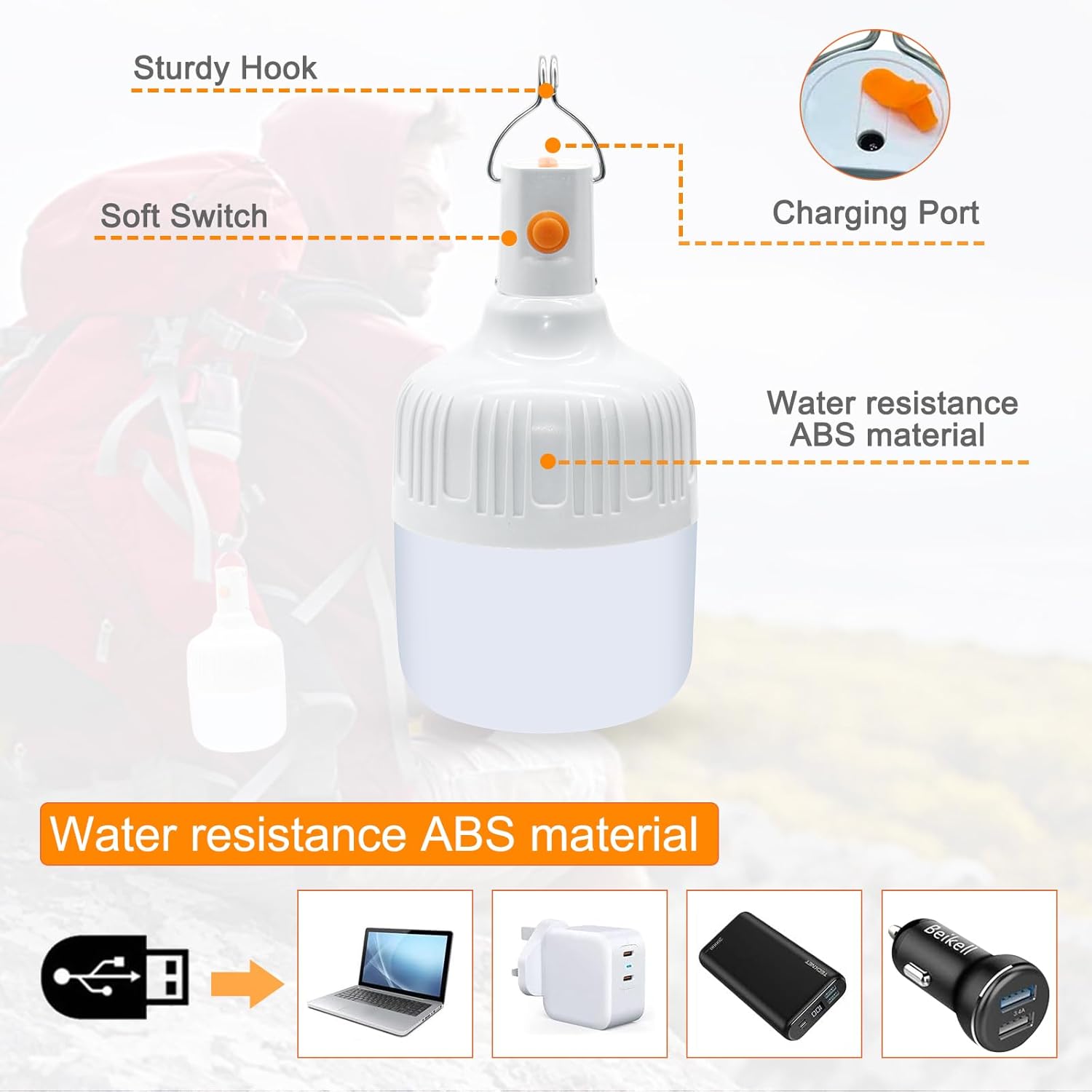 Ledeak 2 Stück LED-Campinglampe, wiederaufladbar, Zeltleuchte, Arbeitslampe mit Aufhängung und USB-Kabel, batteriebetrieben, wiederaufladbar, tragbar, 500 Lumen, Zeltleuchte für Camping, Terrasse, Garten, Grill – Bild 3
