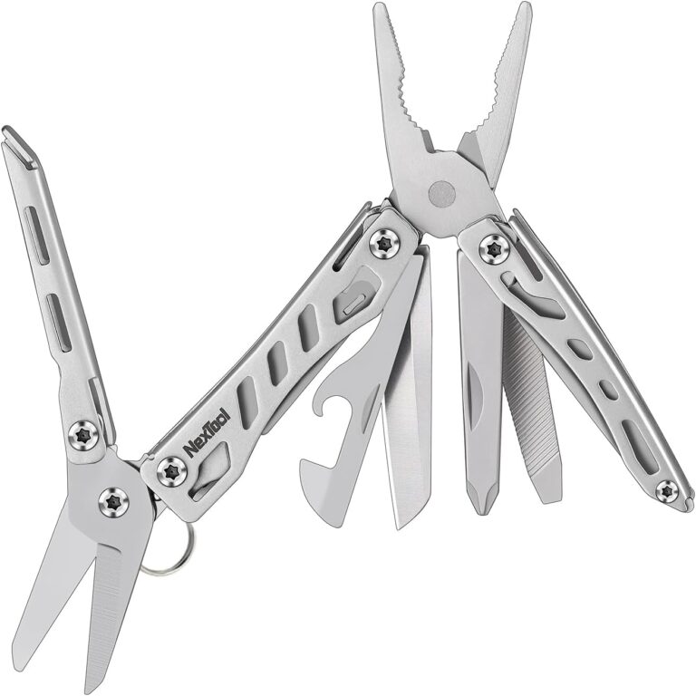 NexTool Multitool, Mini-Flaggschiff 10-in-1-Multitool-Werkzeug, Multifunktionswerkzeug mit Taschenmesser, Zange, Dosen-/Flaschenöffner, Schere, Schraubendreher/Campingzubehör/Geschenke für Männer, Silber