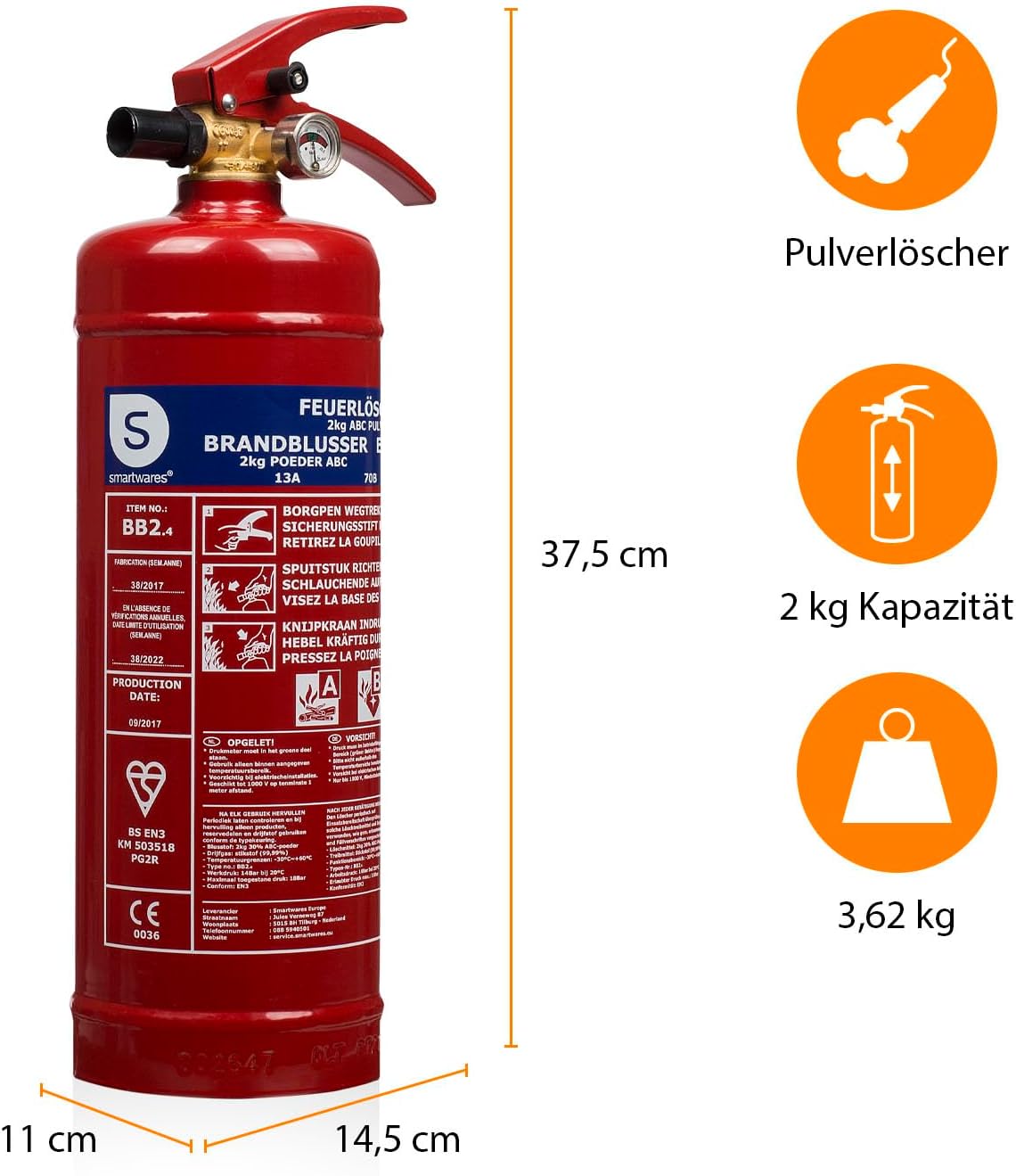Smartwares Pulverlöscher – 2 kg – für ABC-Brände – mit Halterung – FEX-15127 – Bild 4