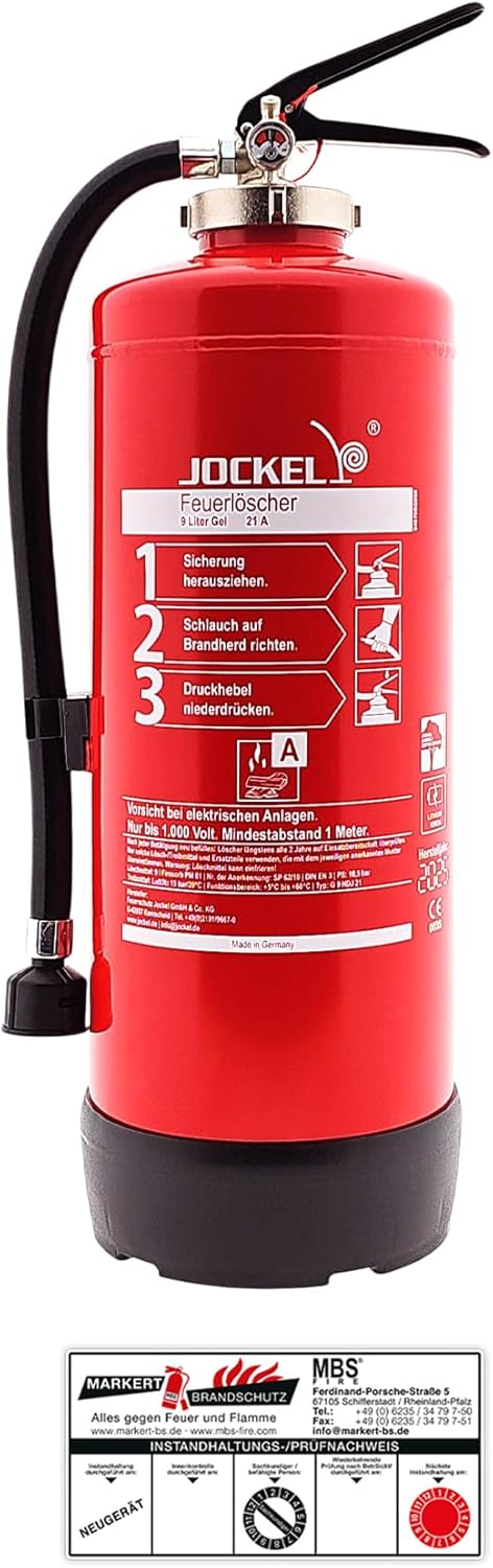 MBS-FIRE Gel-Feuerlöscher Speziallöscher für Lithium-Ionen-Akkus DIN EN 3, GS + Wandhalter + Sockel, 8 A = 4 LE Feuerlöscher mit Wartungszertifikat, Wartungszertifikat 9 Liter