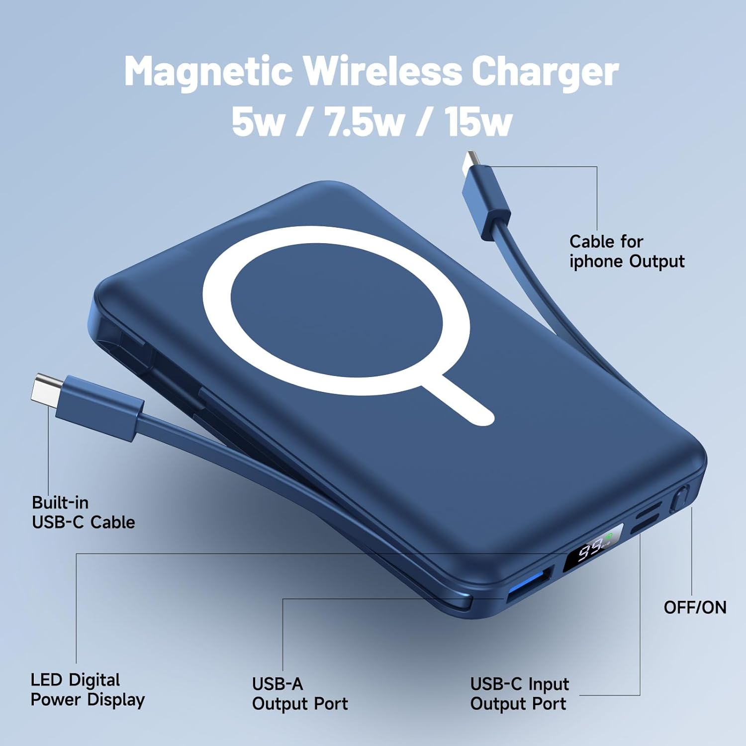 Magsafe Powerbank 10000 mAh, kabellose magnetische Powerbank, schnelles Aufladen mit LED-Anzeige und USB-C-Ladekabel, externer Akku für iPhone 17/16/15/14/13/12 Pro Max/Pro/Plus (blau) – Bild 5