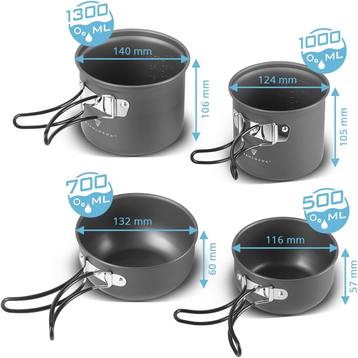 STAHLWERK Camping-Kochtopf-Set, 4-teilig, Aluminium, Outdoor-Kochgeschirr mit Antihaftbeschichtung, Camping-Kochset mit Töpfen und Deckel, Outdoor-Topf-Set, Camping-Geschirr – Bild 7