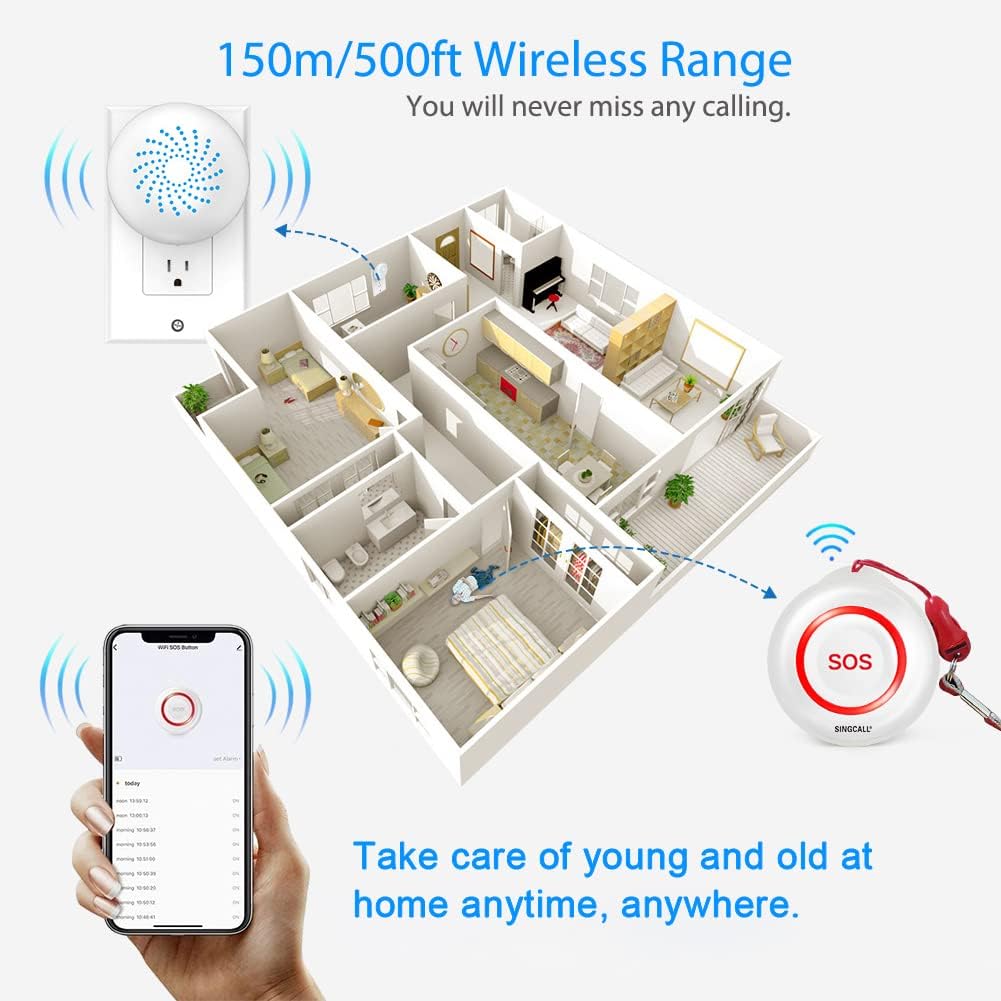 SINGCALL Tuya WiFi Smart Senioren-Notrufsystem für ältere Menschen/schwangere Frauen/Kinder, 1 wasserdichte Notruftaste (unterstützt 2,4 GHz WLAN) + 1 Plug-in-Empfänger – Bild 5