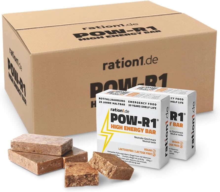 ration1 High Energy Bar, 48 x POW-R1 Energieriegel, 250 g, 4 einzeln verpackte Energieriegel pro Packung, Notfallnahrung, langlebig, Trekkingnahrung, Survival-Pack, 20 Jahre haltbar, Outdoor, Wandern