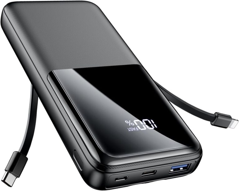Powerbank 26800 mAh, tragbares Ladegerät mit 3 Anschlüssen und 2 integrierten Kabeln, USB C Schnelllade-Powerbank, externer Akku kompatibel mit iPhone 17 16 15 14 13 Android, Mattschwarz