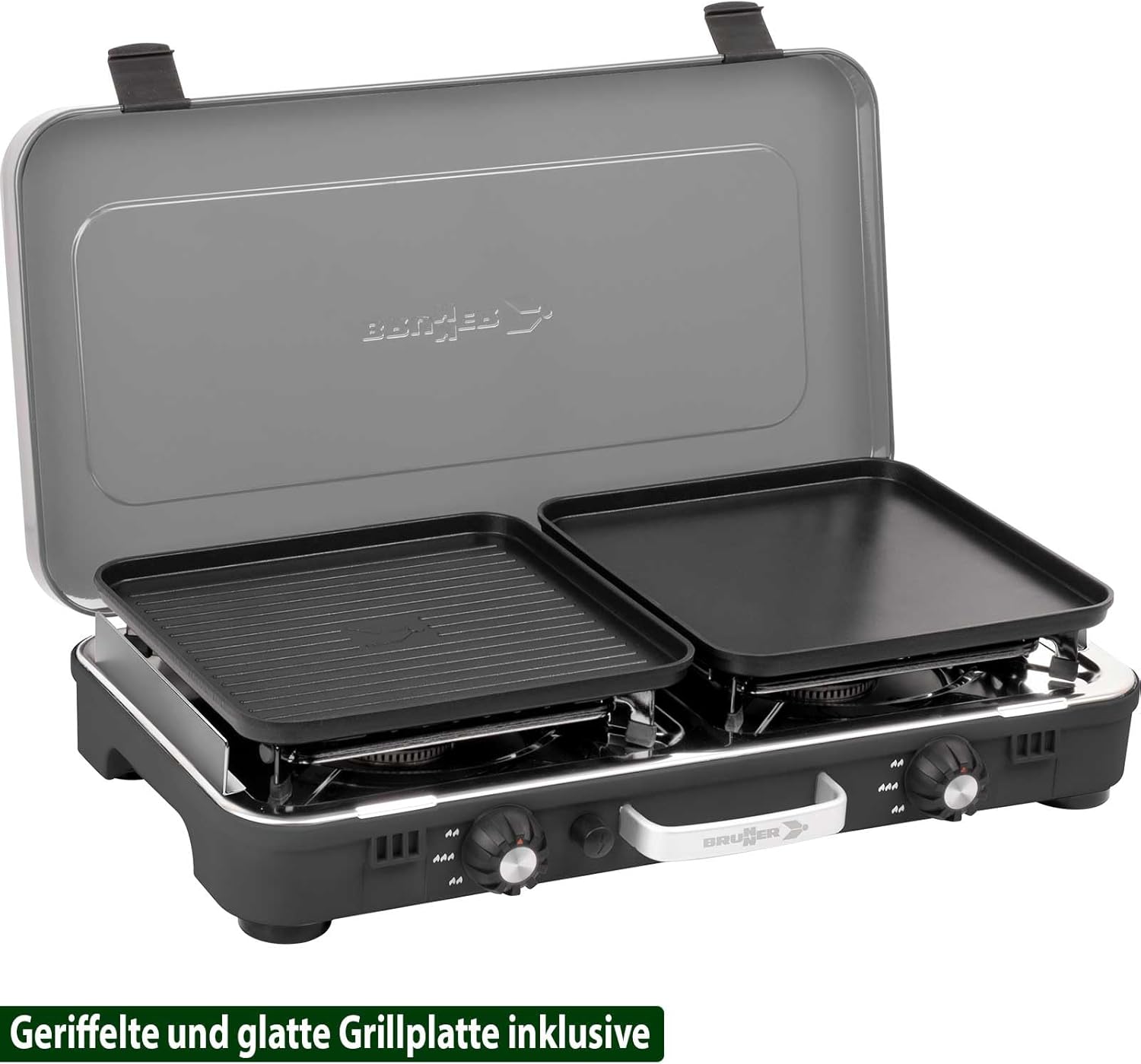 BRUNNER: Powerkook 2-in-1 Tisch-Campingkocher 2-flammiger Edelstahl-Gasgrill & Gaskocher 50 mbar mit Grillplatten mit Gasregler + Gasschlauch – Bild 2