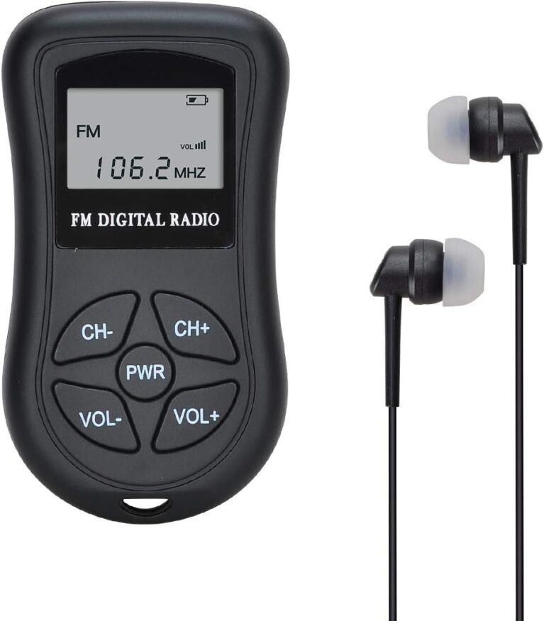 Batteriebetriebenes FM-Taschenradio, COVVY Mini-Stereoradio (60–108 MHz), tragbarer FM-Radioempfänger/mit DSP, LCD-Display und Kopfhörer (107-BK)