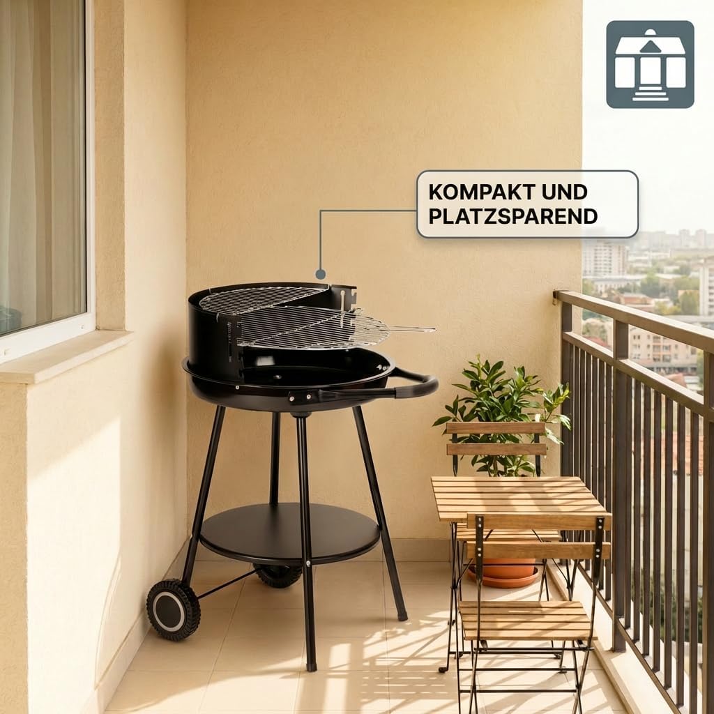 Tarrington House Deluxe Holzkohlegrill, Stahl, tragbarer, runder, höhenverstellbarer Grillrost, Durchmesser 48 cm, mit Rollen, Schwarz – Bild 4