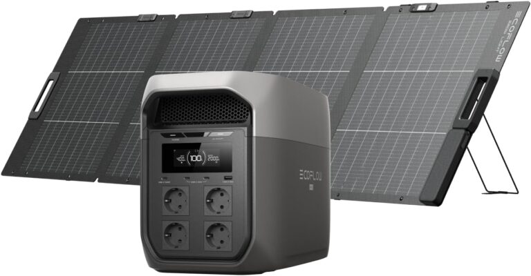 ECOFLOW DELTA 3 Max Tragbares Kraftwerk 2.048 Wh mit 220-W-Bifacial-Solarpanel, 2.400-W-X-Boost-Ausgang, 500-W-Solareingang, LiFePO4-Batterie, Solargenerator für Zuhause, Wohnmobil, Außenbereich