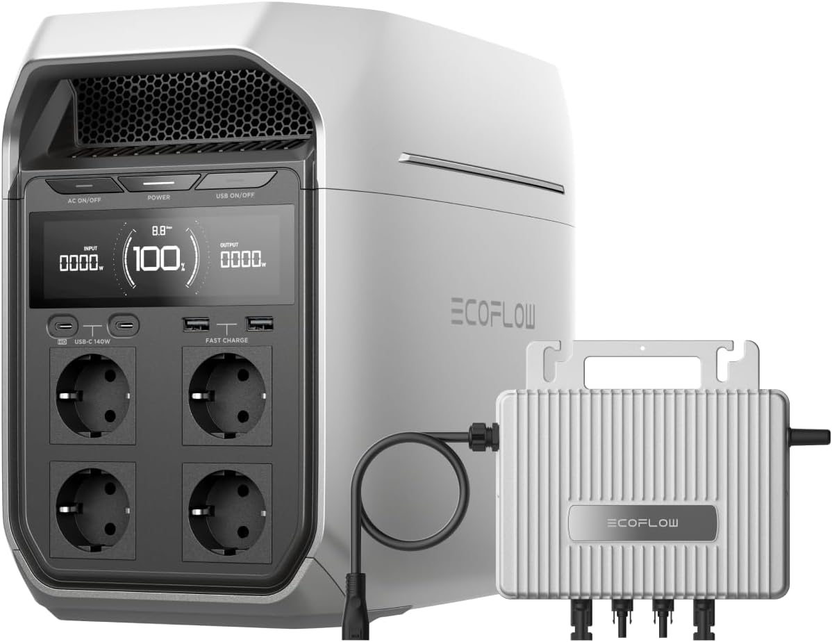 EcoFlow Delta 3 Plus Tragbares Kraftwerk 1024 Wh, 0% MwSt. WLAN Stream Micro Inverter 800 W, LiFePO4 Akku, 1800 W (3600 W Spitze) Solargenerator für Notstromversorgung, Camping