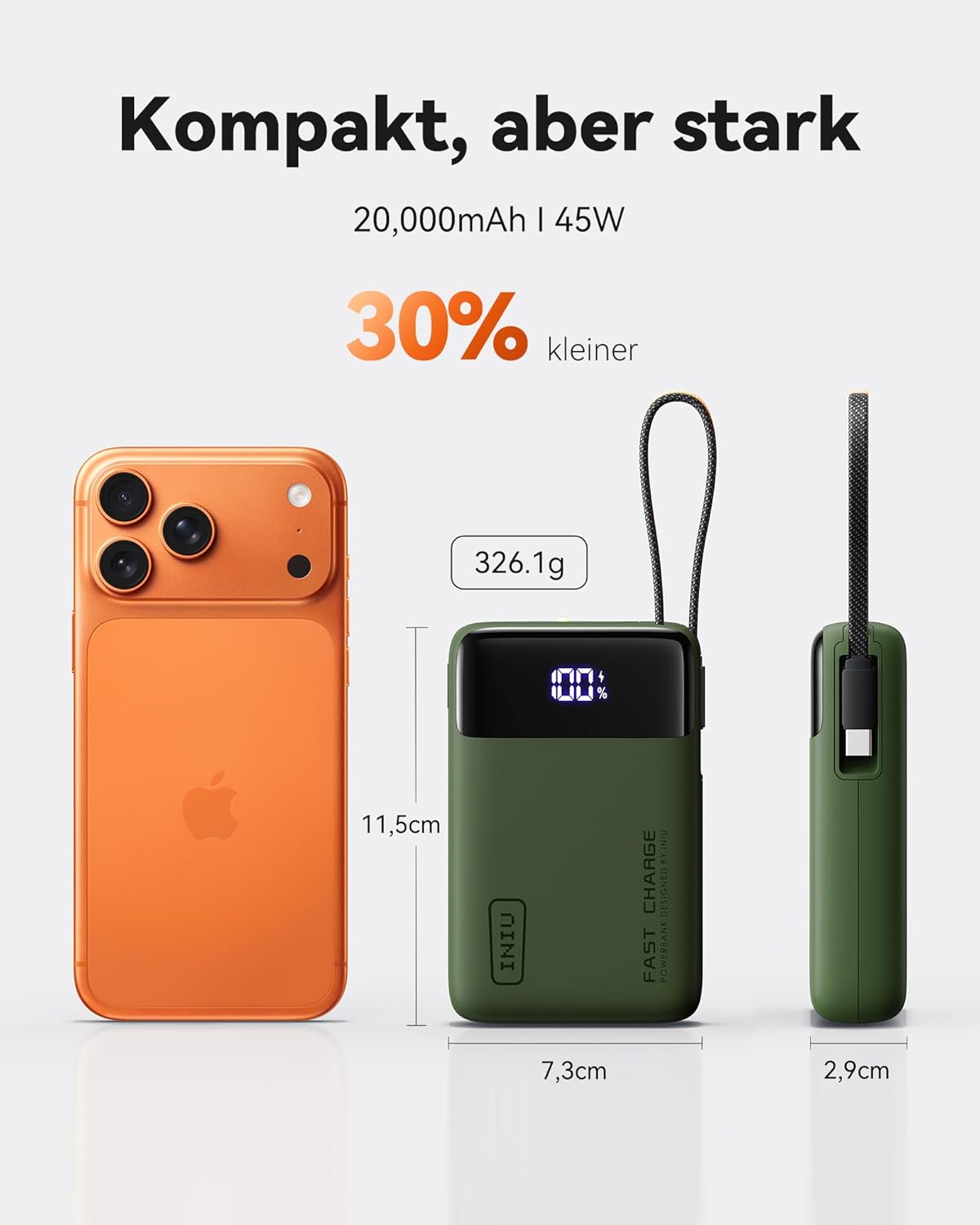 INIU 45W Powerbank, ultrakleine 20000mAh Powerbank mit integriertem USB-C-Kabel, Schnellladung externer Handy-Akkus für Camping, Wandern, Outdoor-Aktivitäten, Festival-Nutzung, Grün – Bild 3