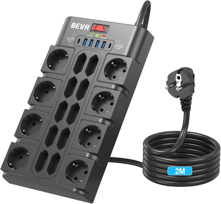 BEVA 18-fach Steckdosenleiste 3680 W/16 A und 2 m Kabel, 2100J Steckdosenleiste mit Überspannungsschutz, Mehrfachsteckdose mit 2 USB-C (15 W) und 4 USB-A, Mehrfachstecker mit Schalter, für Büro und Zuhause