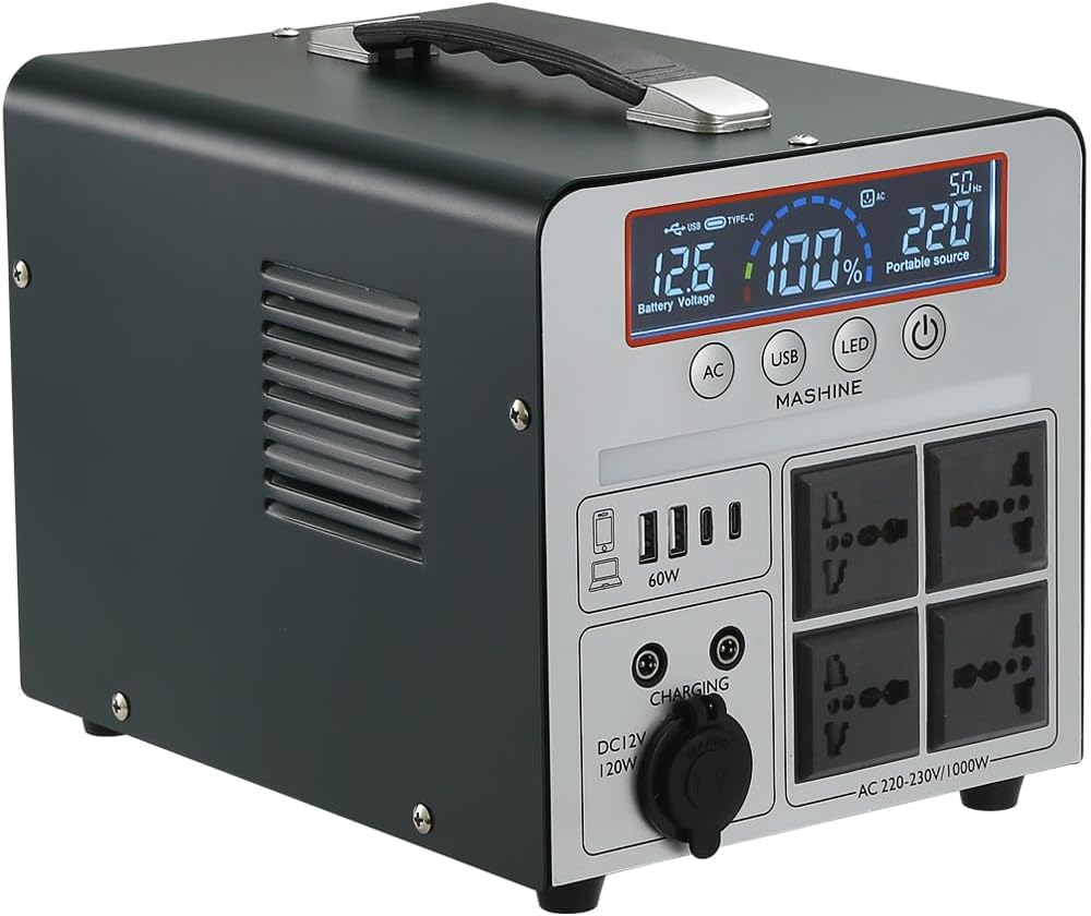 Tragbares Kraftwerk 1000 W/666 Wh, tragbarer wiederaufladbarer Generator-Backup-Akku für Camping, Wohnmobile, Drohnen, Erste Hilfe und Außenbeleuchtung, mit 4 AC-Anschlüssen – Bild 2