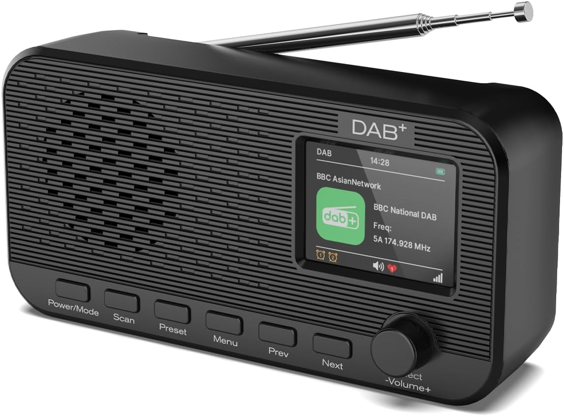 DAB-Radio mit Bluetooth, wiederaufladbares UKW-Digitalradio, Radios batteriebetrieben, tragbares DAB+-Radio, Küchenradio mit 80 Voreinstellungen, 2,4-Zoll-Farbdisplay, Dual-Wecker, Sleep-Timer
