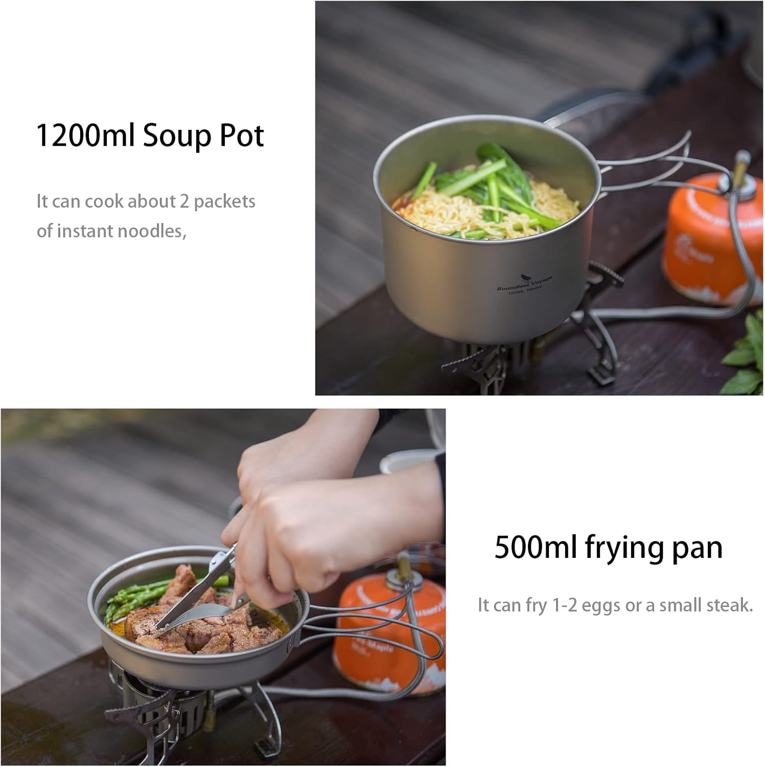iBasingo Ti2110C Titan-Topf-Pfannen-Set, 1200 ml & 500 ml, Camping-Kochgeschirr, Outdoor-Schüssel-Set, leichtes Koch-Messset mit Klappgriff, Küchenutensilien, Campingausrüstung für 1 Person, 2 Teile/Set – Bild 4
