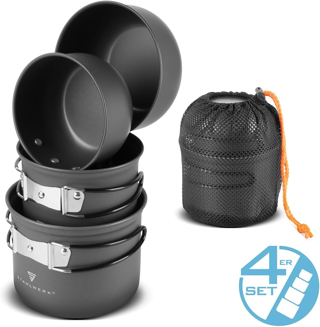 STAHLWERK Camping-Kochtopf-Set, 4-teilig, Aluminium, Outdoor-Kochgeschirr mit Antihaftbeschichtung, Camping-Kochset mit Töpfen und Deckel, Outdoor-Topf-Set, Camping-Geschirr – Bild 3
