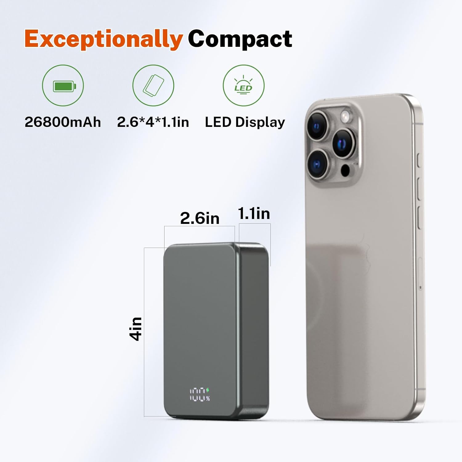 Magnetische kabellose Powerbank, tragbares Ladegerät mit 26800 mAh, USB-C-Eingang und -Ausgang, Telefon-Akku für iPhone 17/16/15/4/13/12-Serie und andere Android-Telefone (grau) – Bild 7
