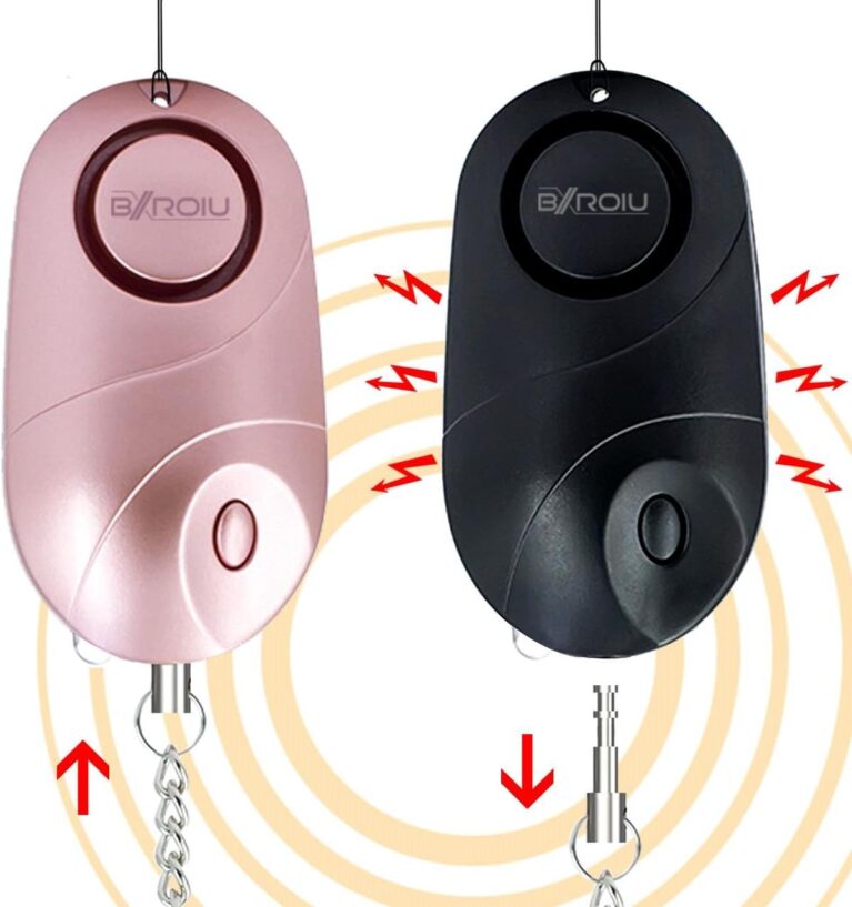 Persönlicher Sicherheitsalarm mit LED-Licht, lauter Taschenalarm-Schlüsselanhänger für Reisen, Joggen, Nachtspaziergänge und den täglichen Gebrauch (Roségold + Schwarz)