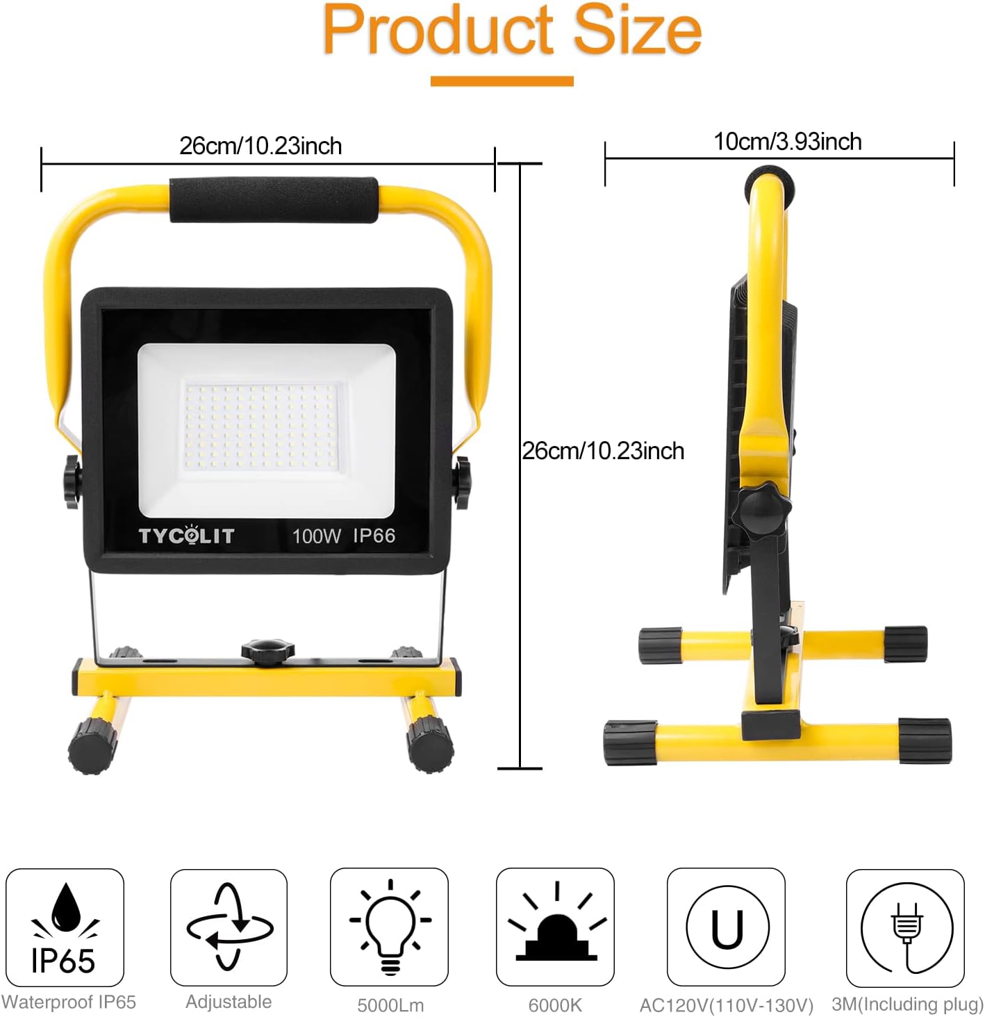 LED Baustrahler, 100W 10000LM Arbeitsleuchte, 6500K Kaltweiß Baustellenlampe mit Stecker, IP66 Wasserdichter LED Strahler, 3m Kabel Baulampe, Flutlicht, Arbeitsleuchte für Werkstatt, Baustelle, Garage – Bild 2