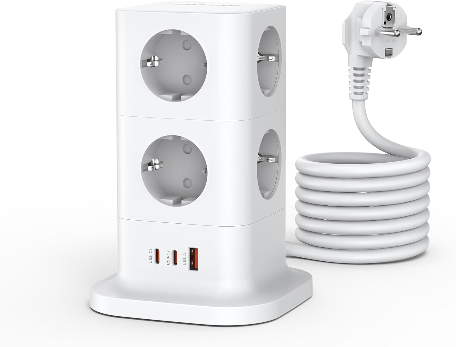 Steckdosenturm mit USB C, 11 in 1 Steckdosenleiste mit 30 W Schnelllade-Überspannungsschutz, 3680 W Mehrfachsteckdose Power Cube mit Schalter und 2 m Verlängerungskabel für Zuhause/Büro/Reisen