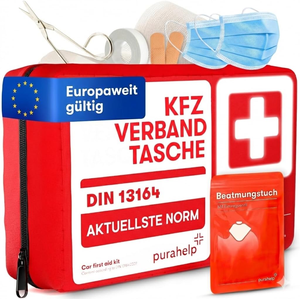 PURAHELP Erste-Hilfe-Set Auto inklusive Lüftungstuch (DIN 13164) – Erste-Hilfe-Set Auto StVO konform für 2026 – Erste-Hilfe-Set Auto & Sanitärset für unterwegs – Kompaktes Notfallset – Erste-Hilfe-Set Auto