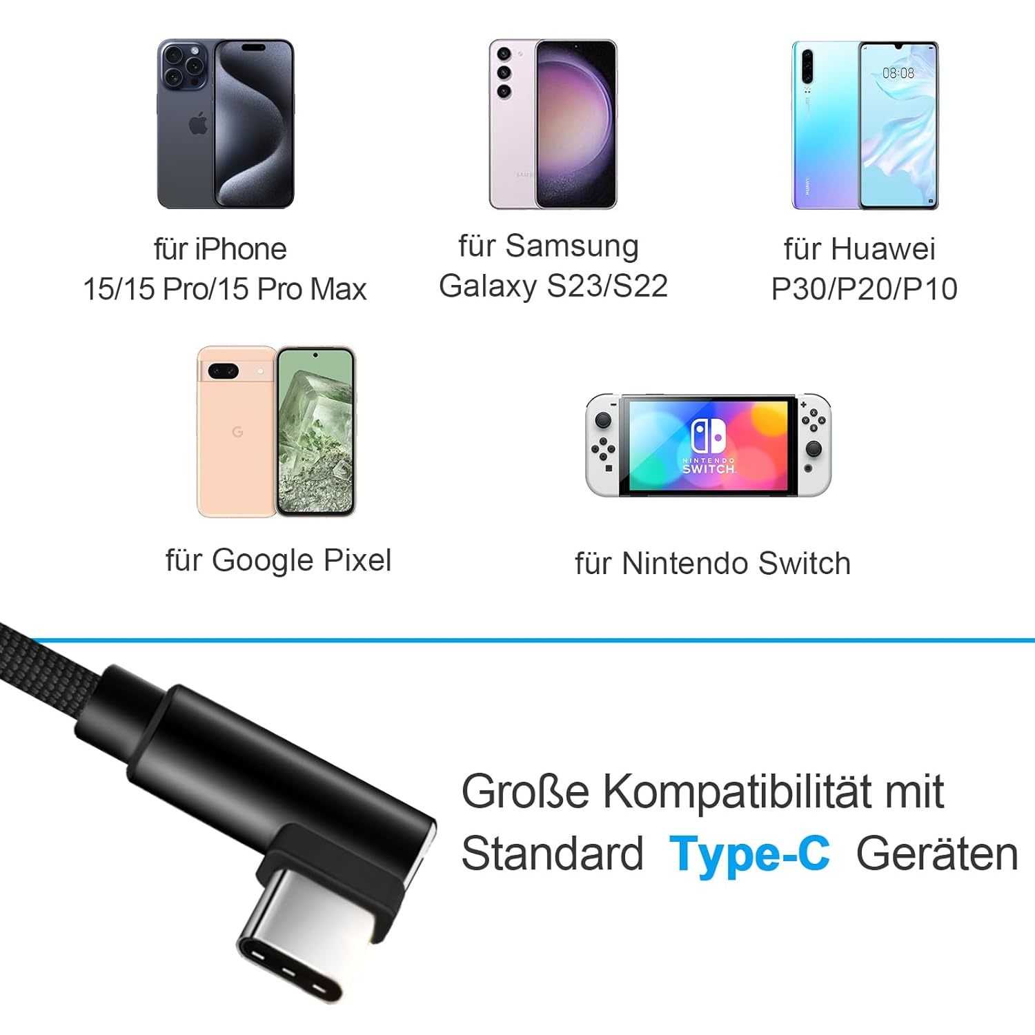 aceyoon USB auf USB C Kabel Kurz 20 cm, 3 Stück 3A USB C Kabel 90 Grad Nylon Typ C Ladekabel Winkel Schnellladekabel USB C für iPhone 17 16 15 Serie, für Galaxy S24 S23, für Huawei P40 P30 – Bild 6
