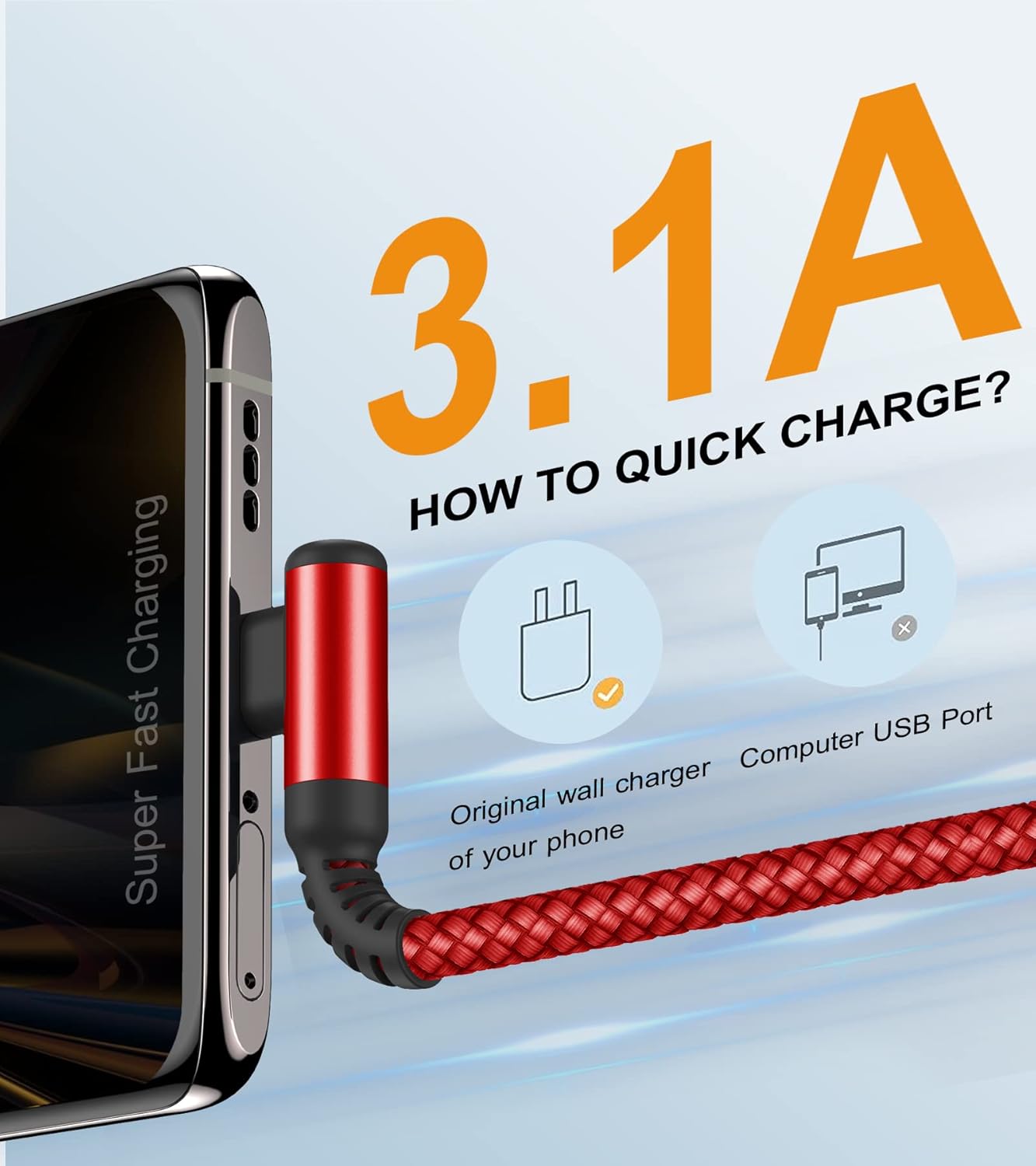 USB-C Kabel 90 Grad Winkel (2 Pack, 3 m), Schnellladekabel, USB-C Nylon Typ-C Kabel für Samsung Galaxy S21, S20, S10, S9, S8 Plus, Note 10 / 9 / 8, M31, M30s, M20, A20e, A71, A52, A51, A50, A40, A10, A7, Mi 9 / 8 (Rot) – Bild 2