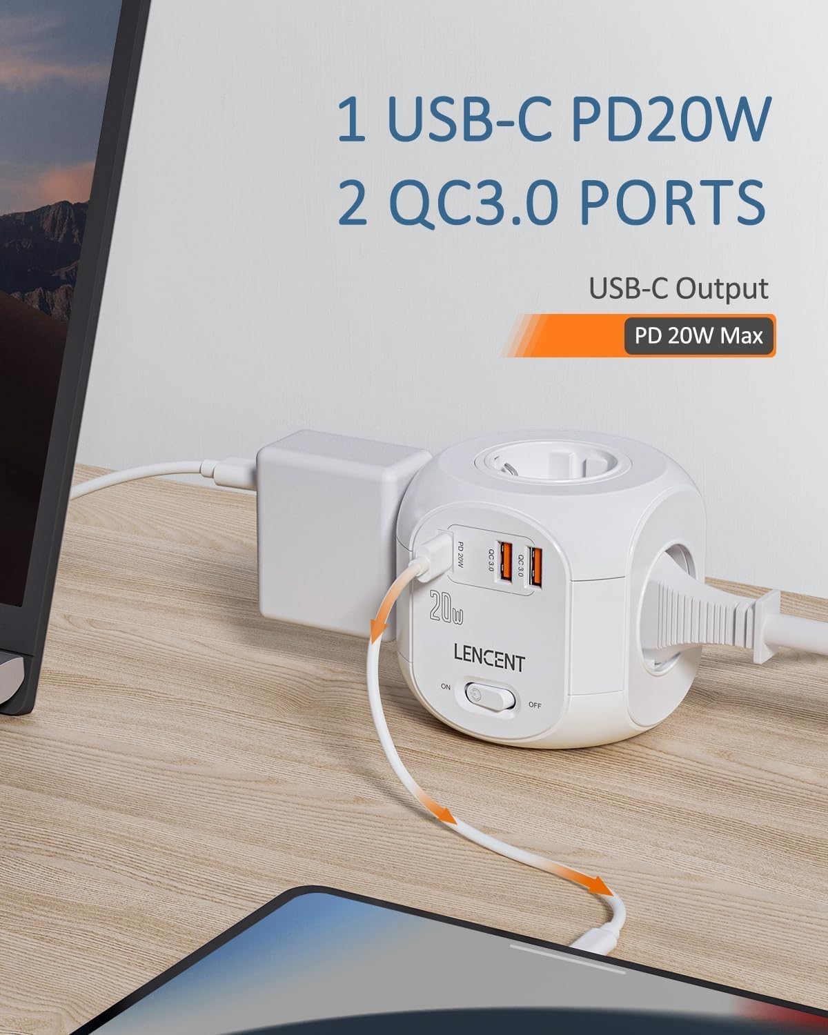 LENCENT 4-fach Steckdosenleiste, Flachstecker, Steckdosenwürfel, 7-in-1 Steckdosenleiste, mit 3 USB 3.0 und 1 Typ-C PD 20W Port, 3 Meter geflochtenes Kabel, für Wandsteckdose – Bild 3