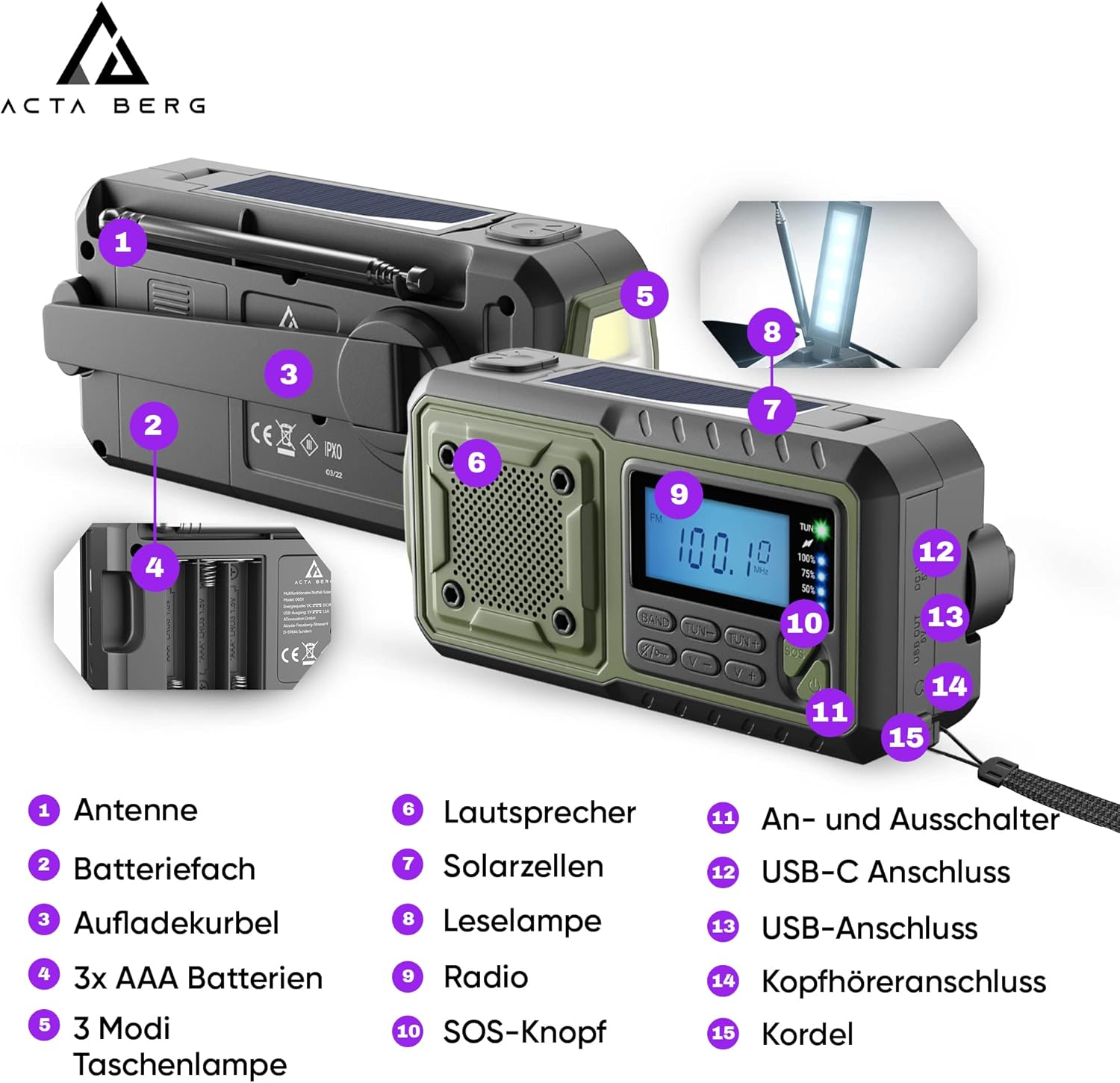 Kurbelradio, Notfallradio mit Kurbel & 5.000 mAh Akku (Armeegrün) | AM/FM/SW USB-batteriebetriebene Notfallausrüstung für Stromausfälle, integrierte Taschenlampe, Handy-Ladegerät – Bild 2