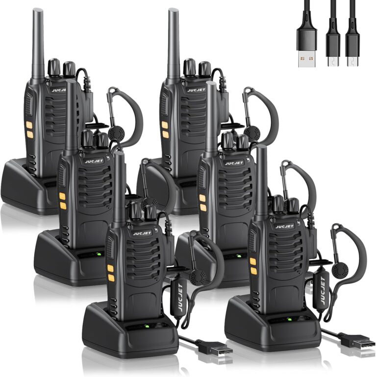 88E Walkie Talkies (6 Stück), verbesserte Version, lizenzfreies 16 Kanäle PMR446-Radio, 3–5 km Reichweite, mit TPYE C-Ladekabel und USB-Ladestation, Original-Ohrhörer (6 Stück)