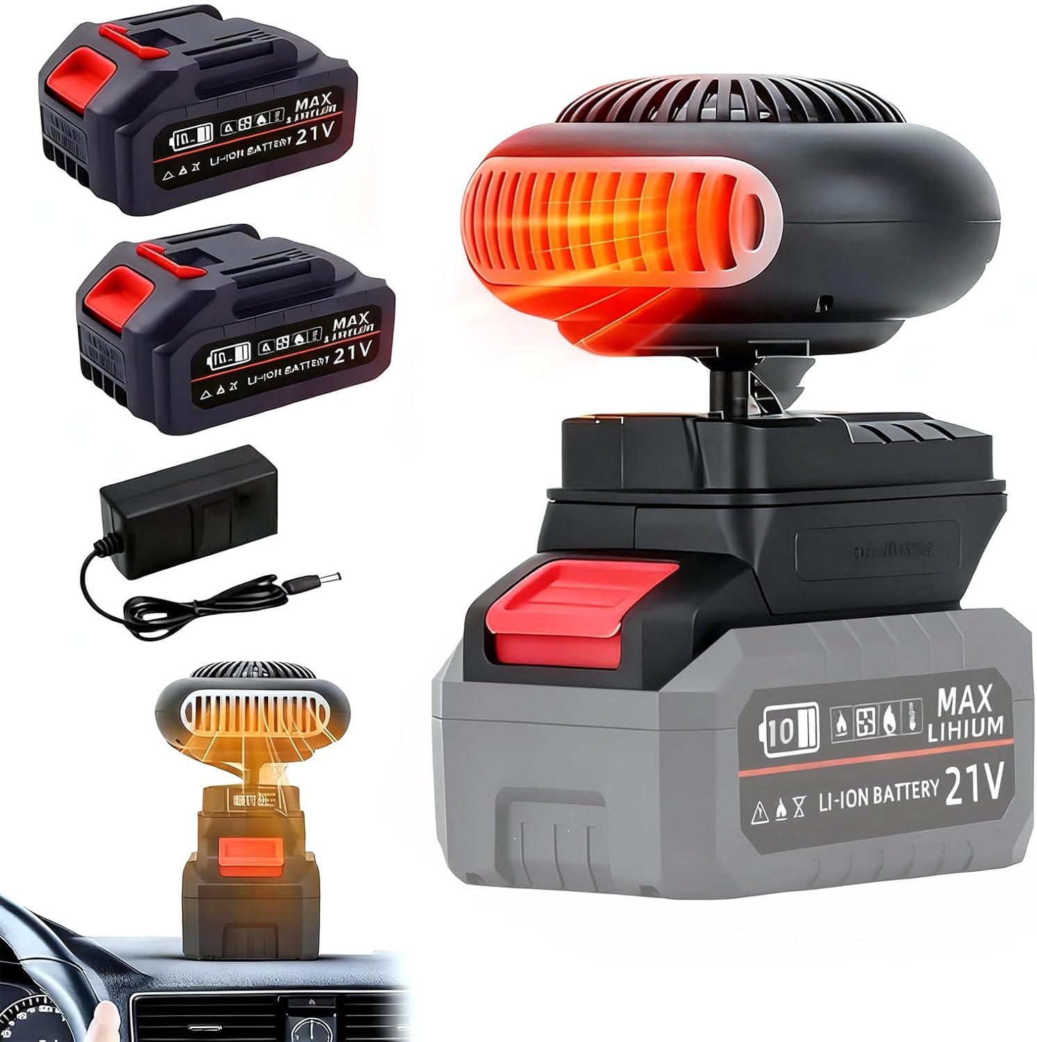 Autoheizung mit Akku, Mini-Zusatzheizung, Akku-Heizlüfter mit 2 Stufen (30-80°C), Kippschutz und USB-Anschluss, Schnellheizung, Enteiser, Autoscheibenheizung (2000 mAh Akku x 2)