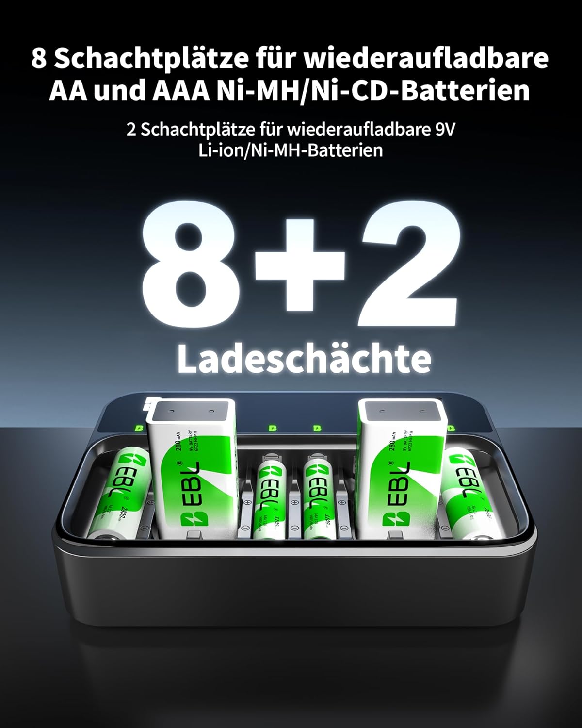 EBL Batterieladegerät für AA AAA 9V-Batterien, kompatibel mit NI-MH-Batterien, USB-C PD3.0 & Micro-USB-Eingang, Schnellladegerät – Bild 3