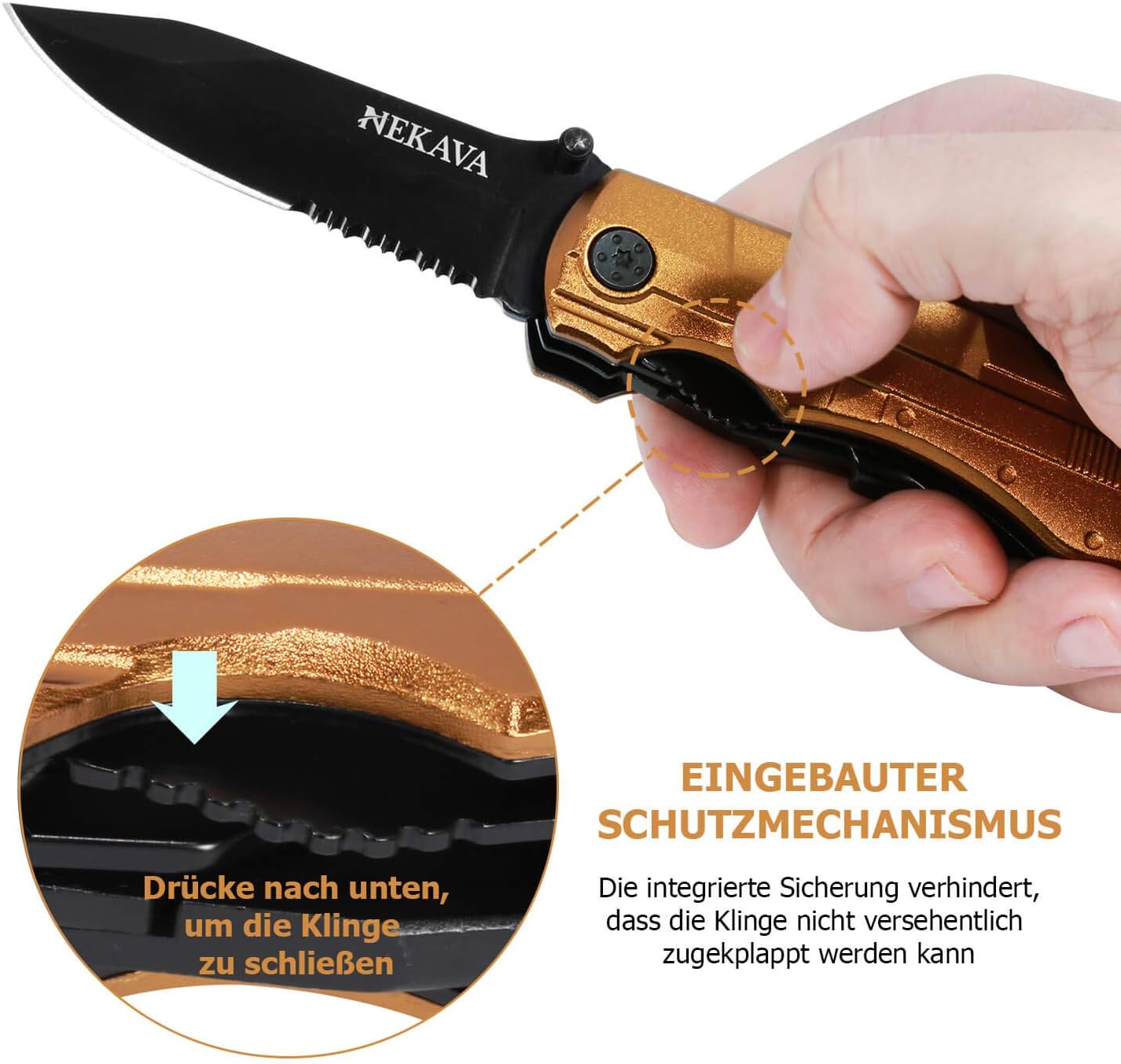 NEKAVA 5-in-1-Multifunktionswerkzeug mit Klappmesser aus schwarzem Edelstahl und goldenem Griff. Ideal als Survivalmesser für Outdoor, Camping, Haushalt. Inklusive kostenlosem Kreditkarten-Tool – Bild 3
