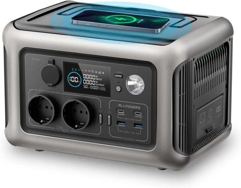 ALLPOWERS R600 Tragbares Kraftwerk, 299 Wh LiFePO4-Akku mit 2 x 600 W (1200 W Spitze) AC-Ausgangs-Solargenerator, 0–100 % Schnellladung in 1 Stunde für Gartenparty, Reisen, Camping, Wohnmobil, Notfall