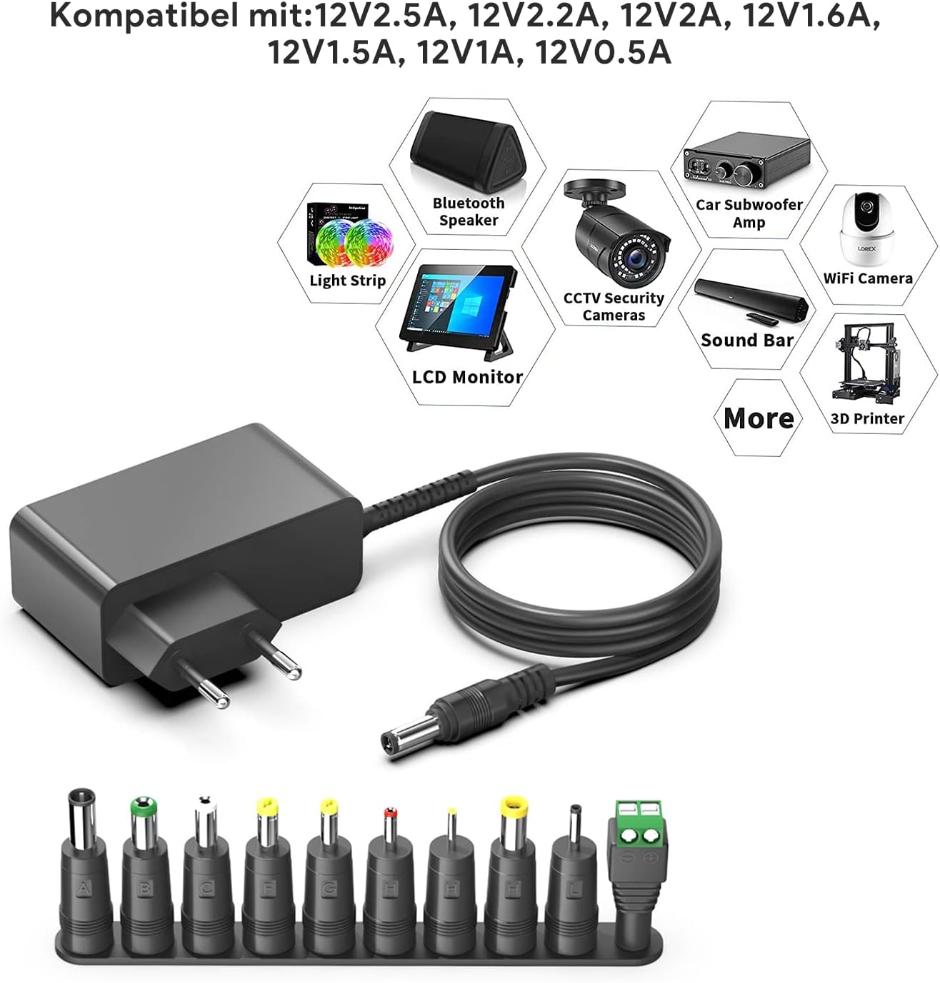 HKY 12 V 2,5 A Universal-Netzteil, Ladegerät, Ladekabel, Adapter für LED-Streifen, Wasserpumpe, Drucker, Scanner, Router, DVD-Player, externe Festplatten, Kamera, Radio, Netzteil, Medion E2221T MD, Akoya E3215 – Bild 5