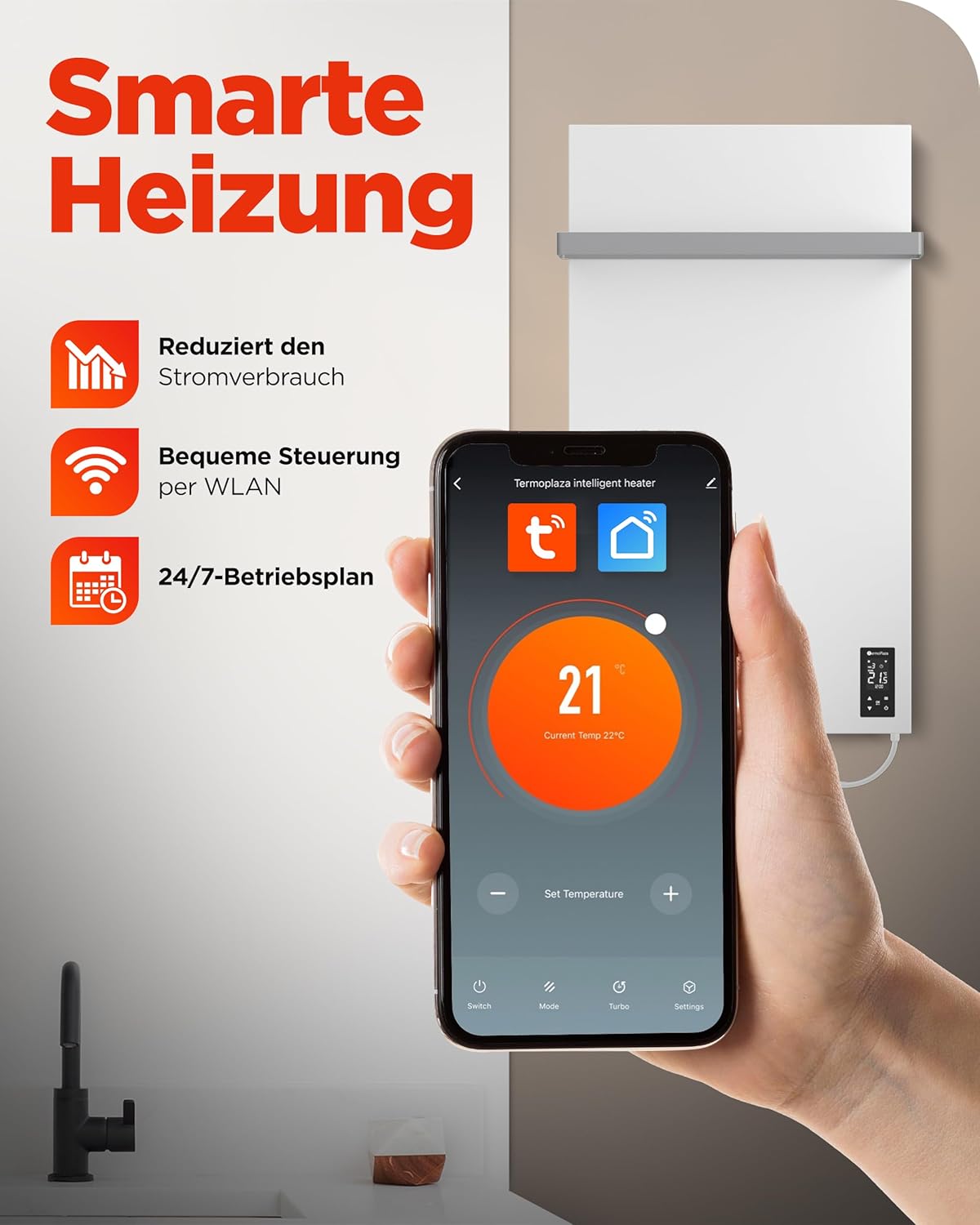 TermoPlaza WLAN Infrarotheizung 270 W bis 7 m², intelligente Infrarot-Wandheizung, elektrischer Badheizkörper mit Handtuchhalter und Thermostat, energiesparende Elektroheizung für Badezimmer – Bild 4