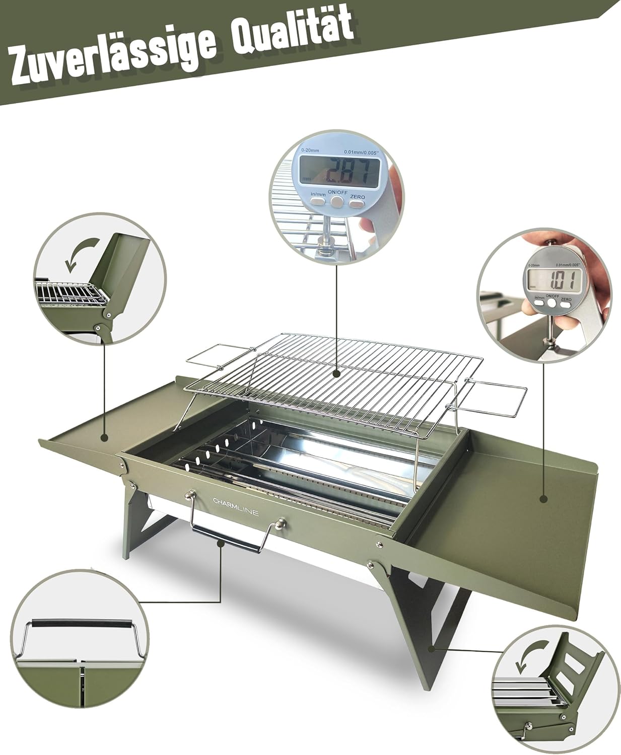 Charmline Tragbarer Holzkohlegrill, klappbarer Campinggrill 51 x 35 cm für 3–5 Personen, Picknickgrill, BBQ-Grill für Balkon, Garten, Camping, Picknick und Strand, grün – Bild 3