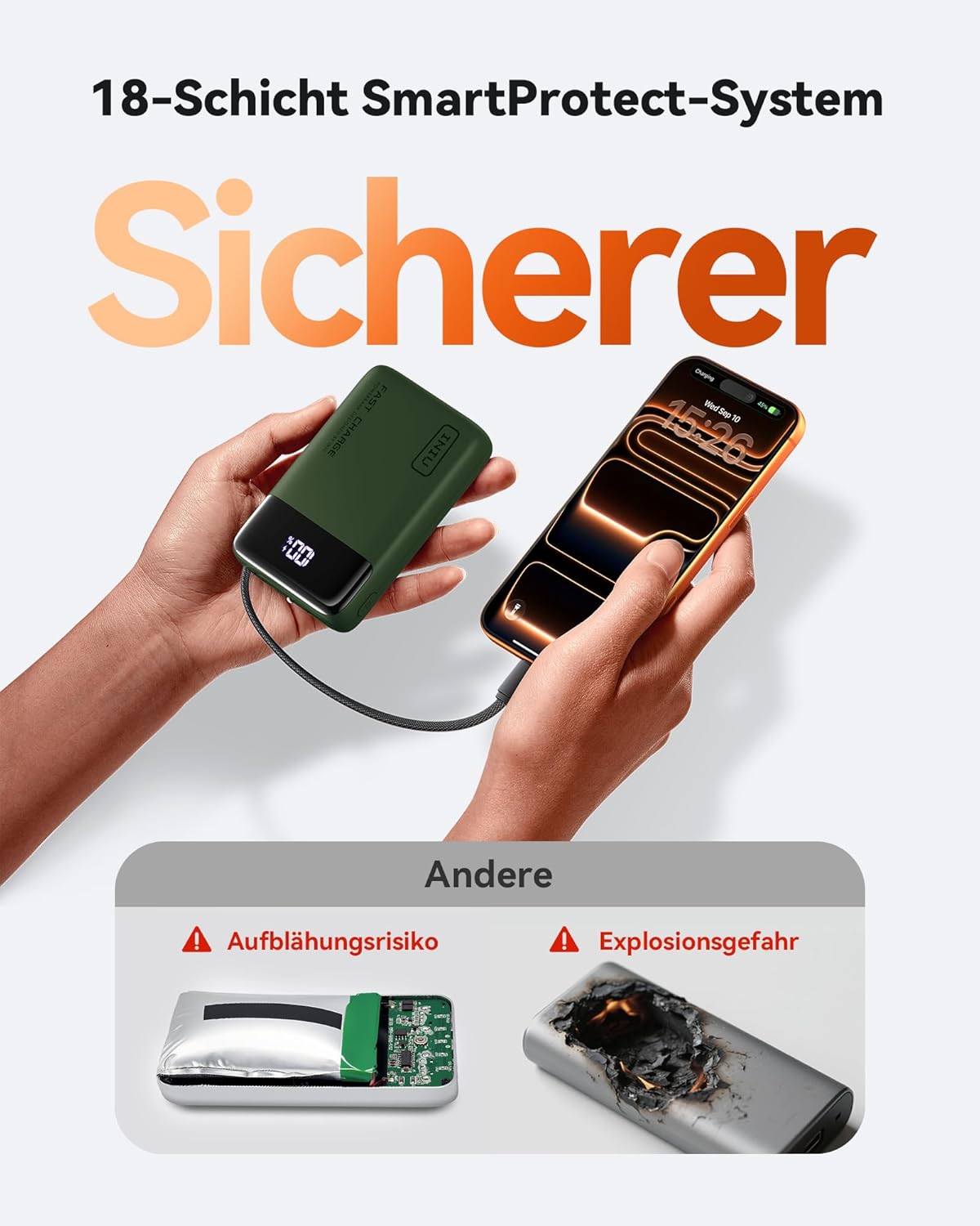 INIU 45W Powerbank, ultrakleine 20000mAh Powerbank mit integriertem USB-C-Kabel, Schnellladung externer Handy-Akkus für Camping, Wandern, Outdoor-Aktivitäten, Festival-Nutzung, Grün – Bild 6