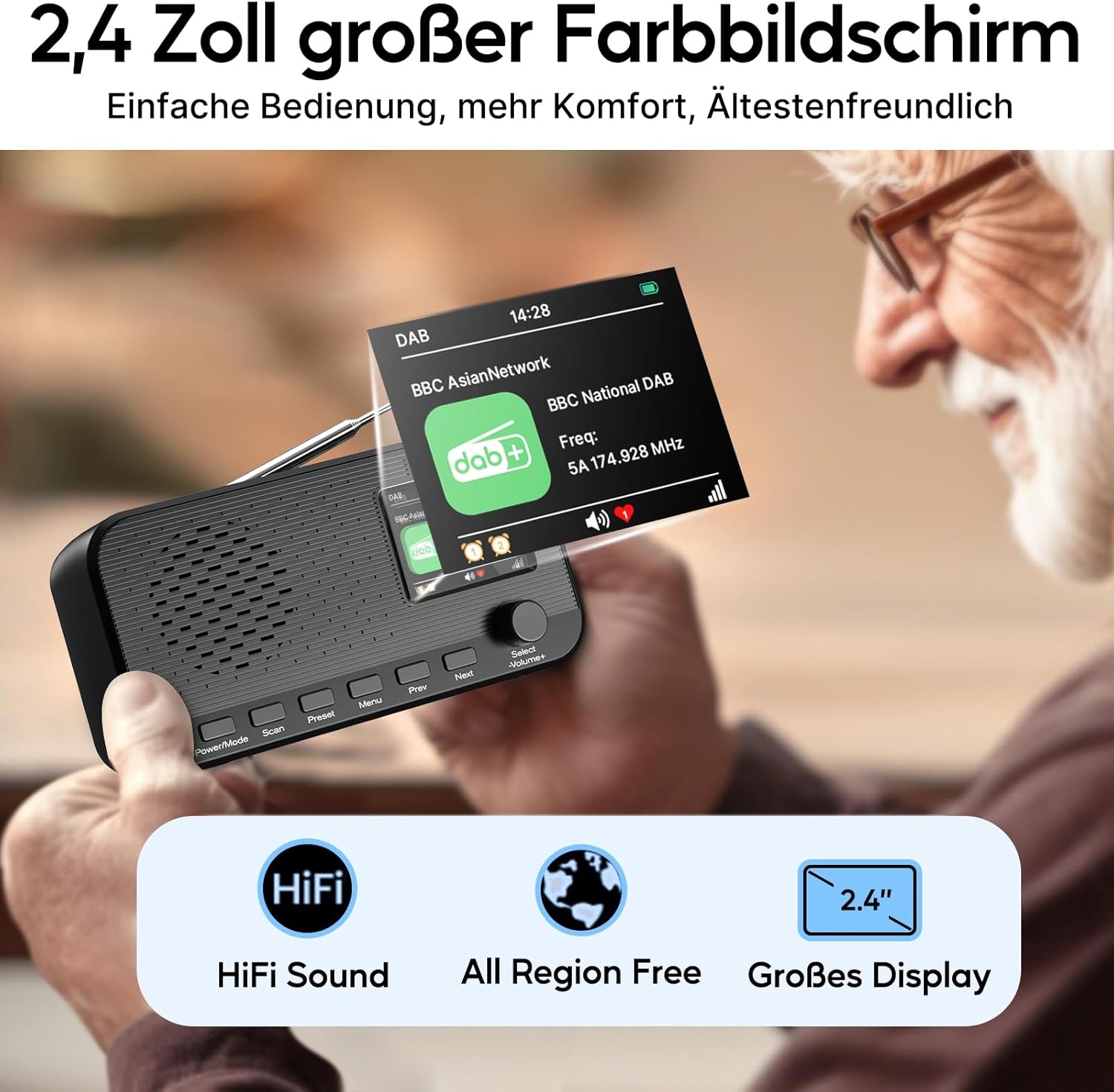DAB-Radio mit Bluetooth, wiederaufladbares UKW-Digitalradio, Radios batteriebetrieben, tragbares DAB+-Radio, Küchenradio mit 80 Voreinstellungen, 2,4-Zoll-Farbdisplay, Dual-Wecker, Sleep-Timer – Bild 2