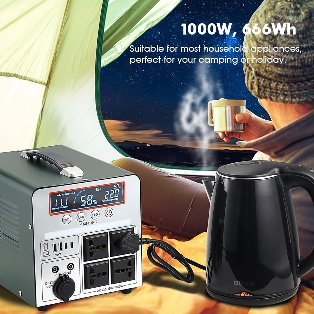 Tragbares Kraftwerk 1000 W/666 Wh, tragbarer wiederaufladbarer Generator-Backup-Akku für Camping, Wohnmobile, Drohnen, Erste Hilfe und Außenbeleuchtung, mit 4 AC-Anschlüssen – Bild 3