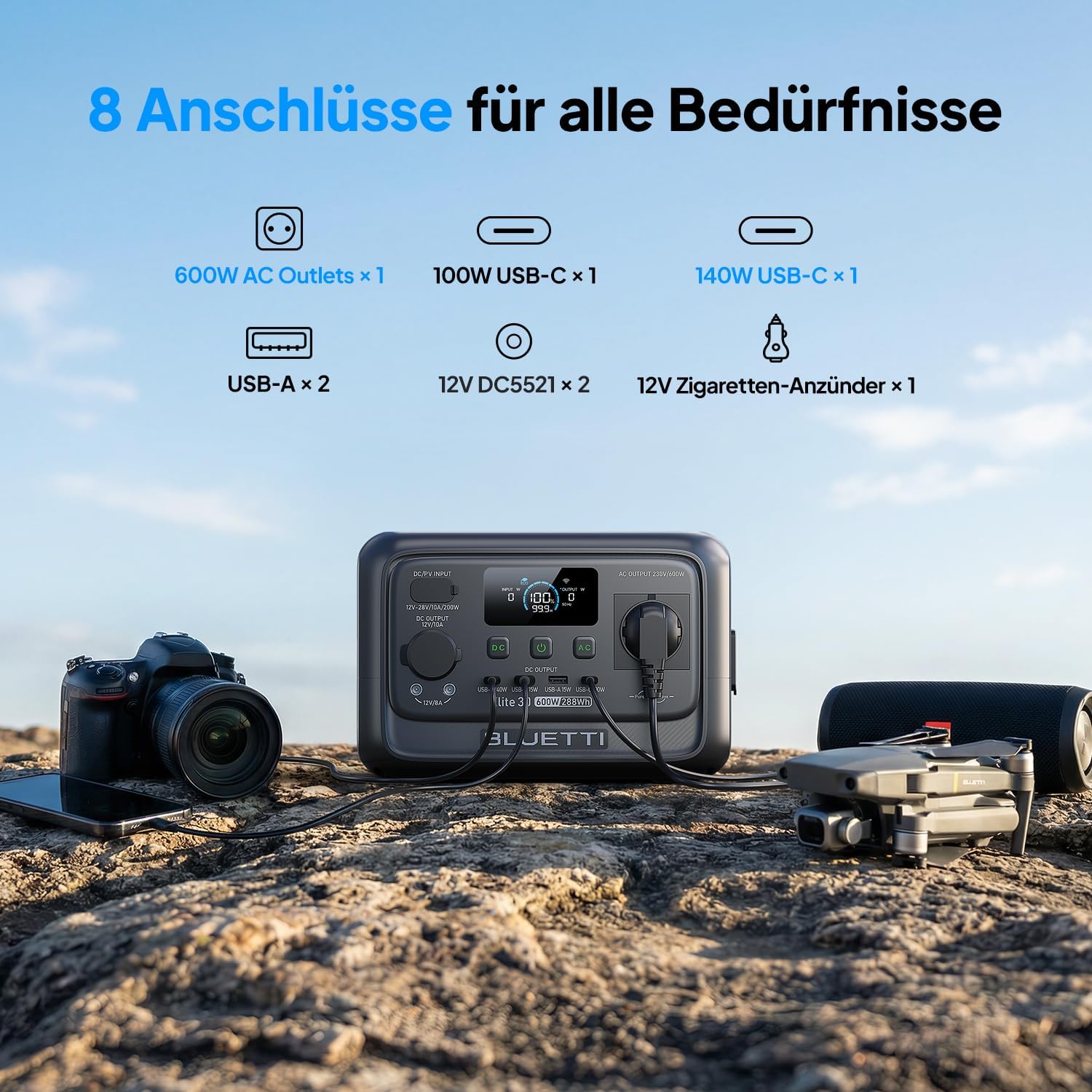 BLUETTI Elite 30 V2 Tragbares Kraftwerk, 288 Wh LFP-Akku, 600 W AC-Ausgang (Power Lifting 1500 W), 0–100 % in 70 Minuten, Solargenerator für Camping, Transporter, Stromausfälle (Solarpanel optional) – Bild 6
