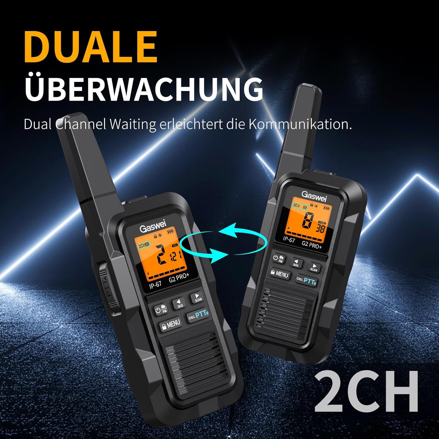Gaswei G2Pro Professionelle Walkie-Talkies für Erwachsene (IP67 wasserdicht & schwimmfähig), Langstreckenradio mit Doppel-PTT, VOX, SOS-Alarm, UKW-Radio + Akku für den Außenbereich, 2er-Set in Schwarz – Bild 6
