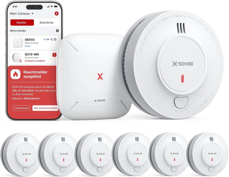 X-Sense Smart WLAN Rauchmelder Feuermelder mit 10-Jahres-Batterie und SBS50 Basisstation, TÜV Rheinland zertifiziert, photoelektrisch vernetzbarer Funk-Brandmelder, SD19-MN61, 6er Pack