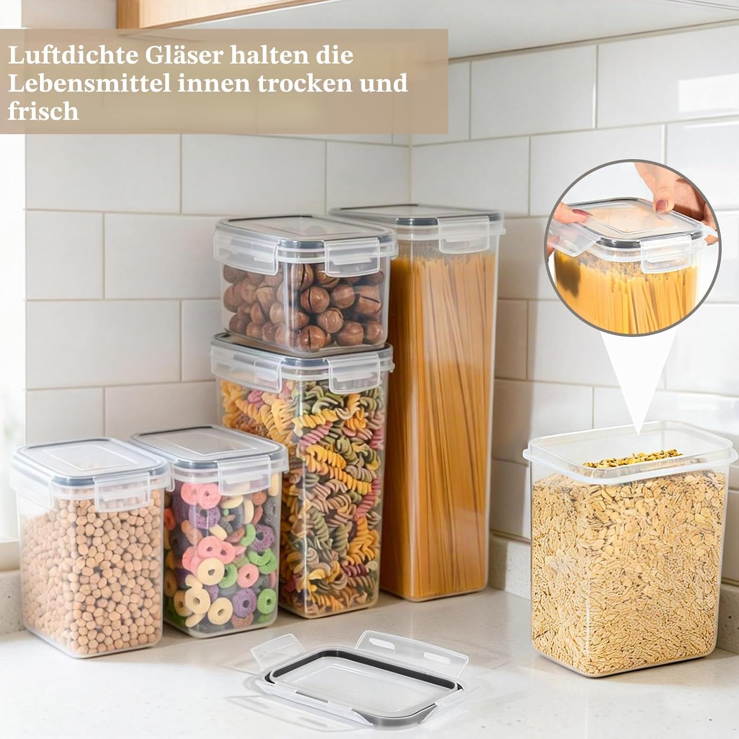 GoMaihe Set mit 16 Vorratsgläsern, Küchen-Organizer, Vorratsgläser mit Deckel, luftdichter Kunststoff, Aufbewahrungsbehälter für Müsli, Mehl, Cornflakes, alle trockenen Lebensmittel – Bild 4