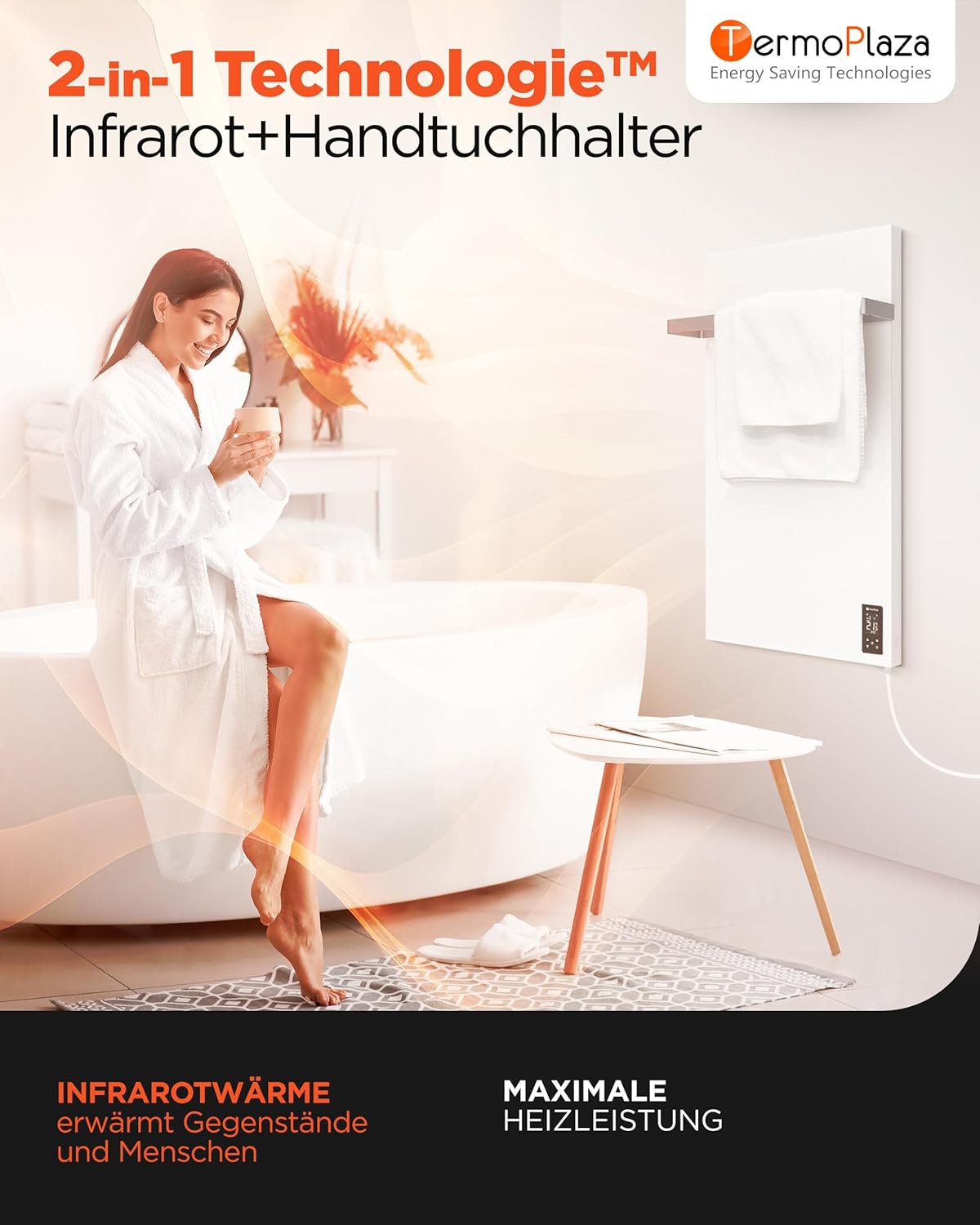 TermoPlaza WLAN Infrarotheizung 270 W bis 7 m², intelligente Infrarot-Wandheizung, elektrischer Badheizkörper mit Handtuchhalter und Thermostat, energiesparende Elektroheizung für Badezimmer – Bild 2