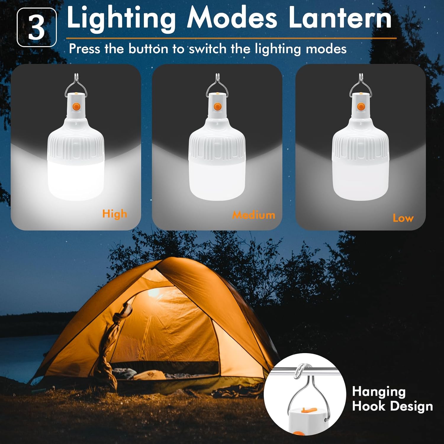 Ledeak 2 Stück LED-Campinglampe, wiederaufladbar, Zeltleuchte, Arbeitslampe mit Aufhängung und USB-Kabel, batteriebetrieben, wiederaufladbar, tragbar, 500 Lumen, Zeltleuchte für Camping, Terrasse, Garten, Grill – Bild 5